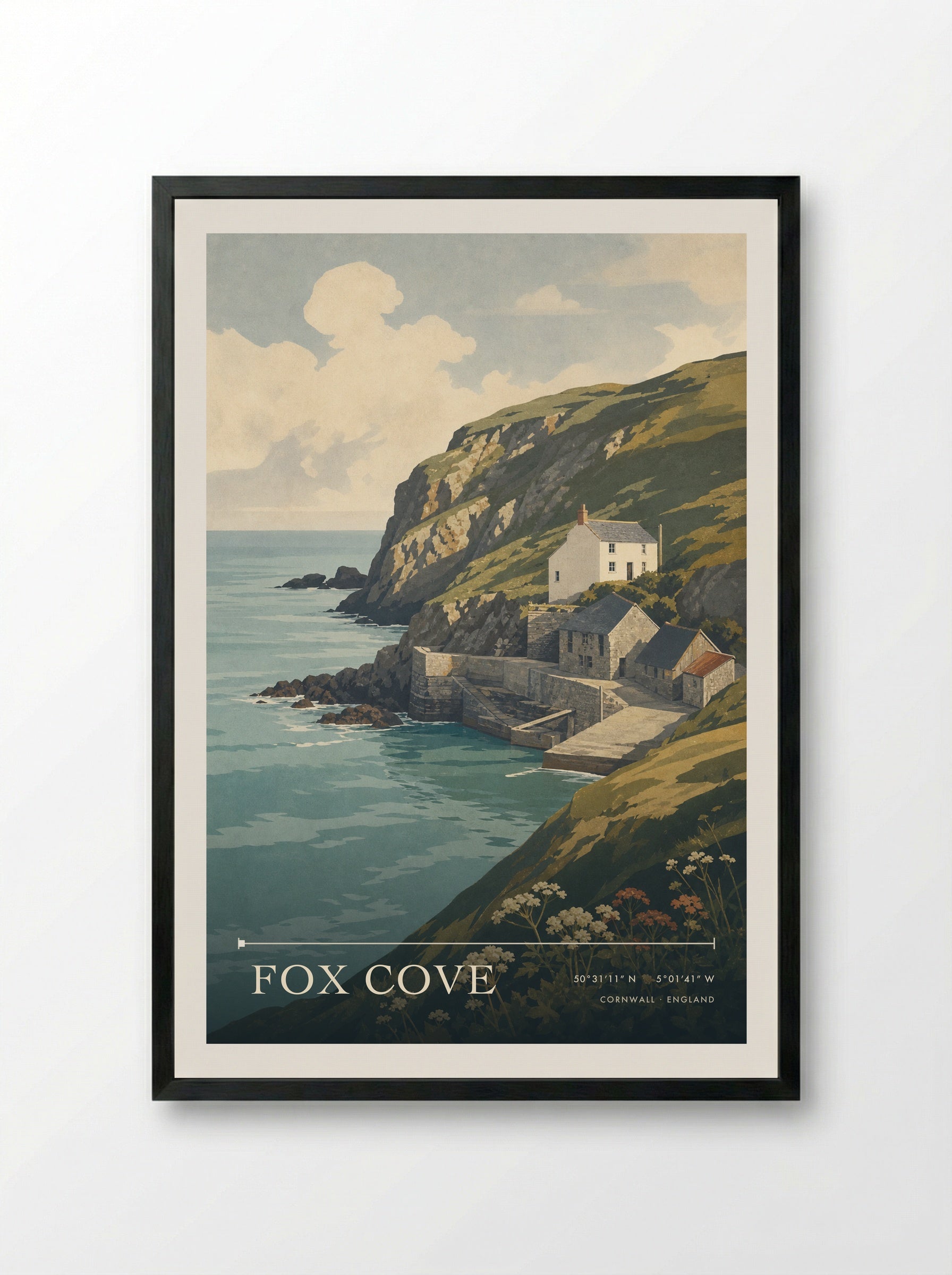 Fox Cove Cornwall England Travel Poster - Framed Print Black