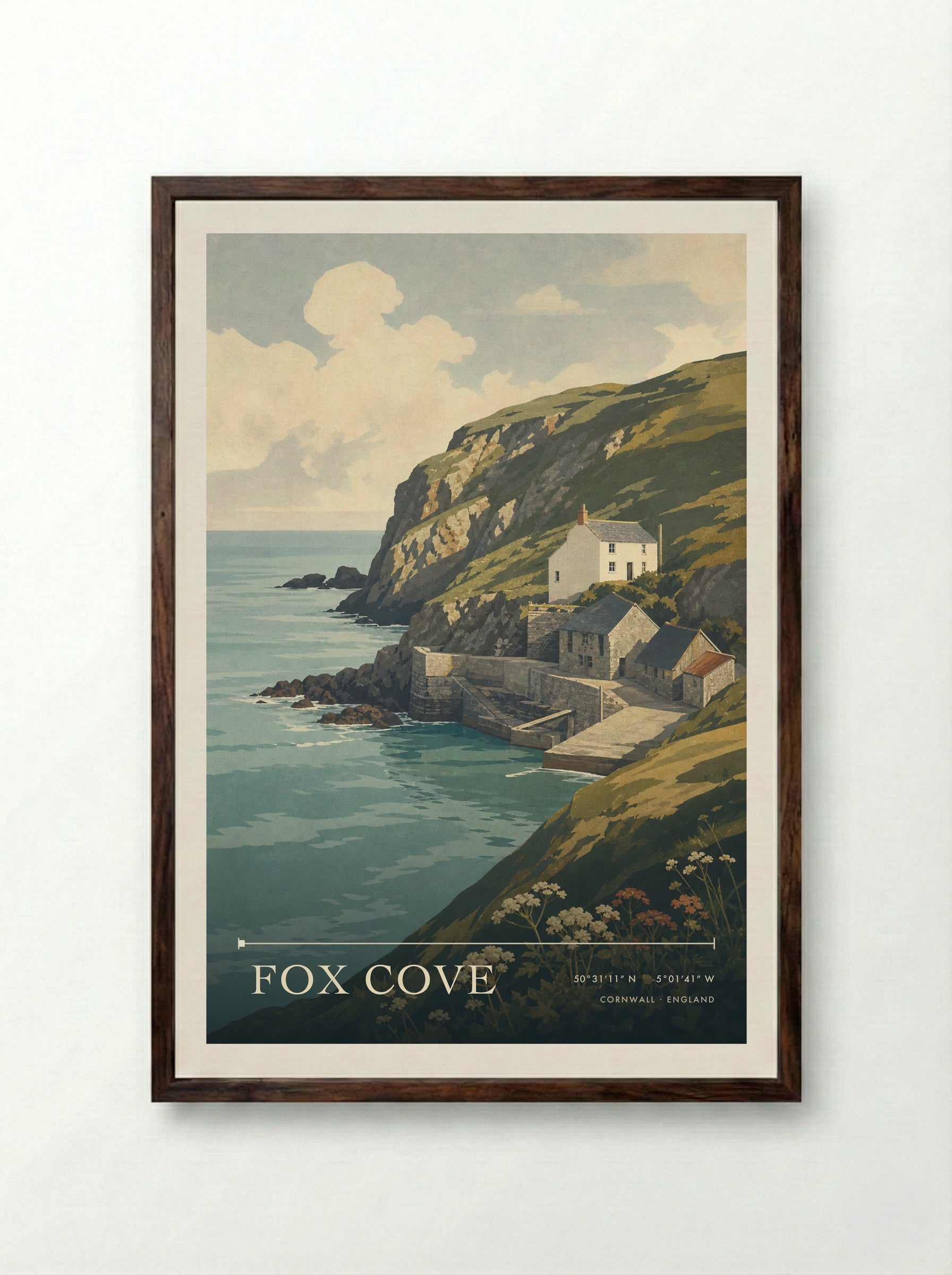 Fox Cove Cornwall England Travel Poster - Framed Print Dark Wood