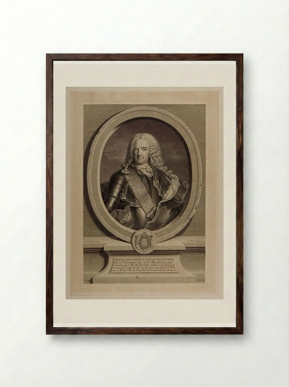 François Louis Anne de Neufville, Duke of Villeroi - Johann Georg Wille - Framed Print Dark Wood