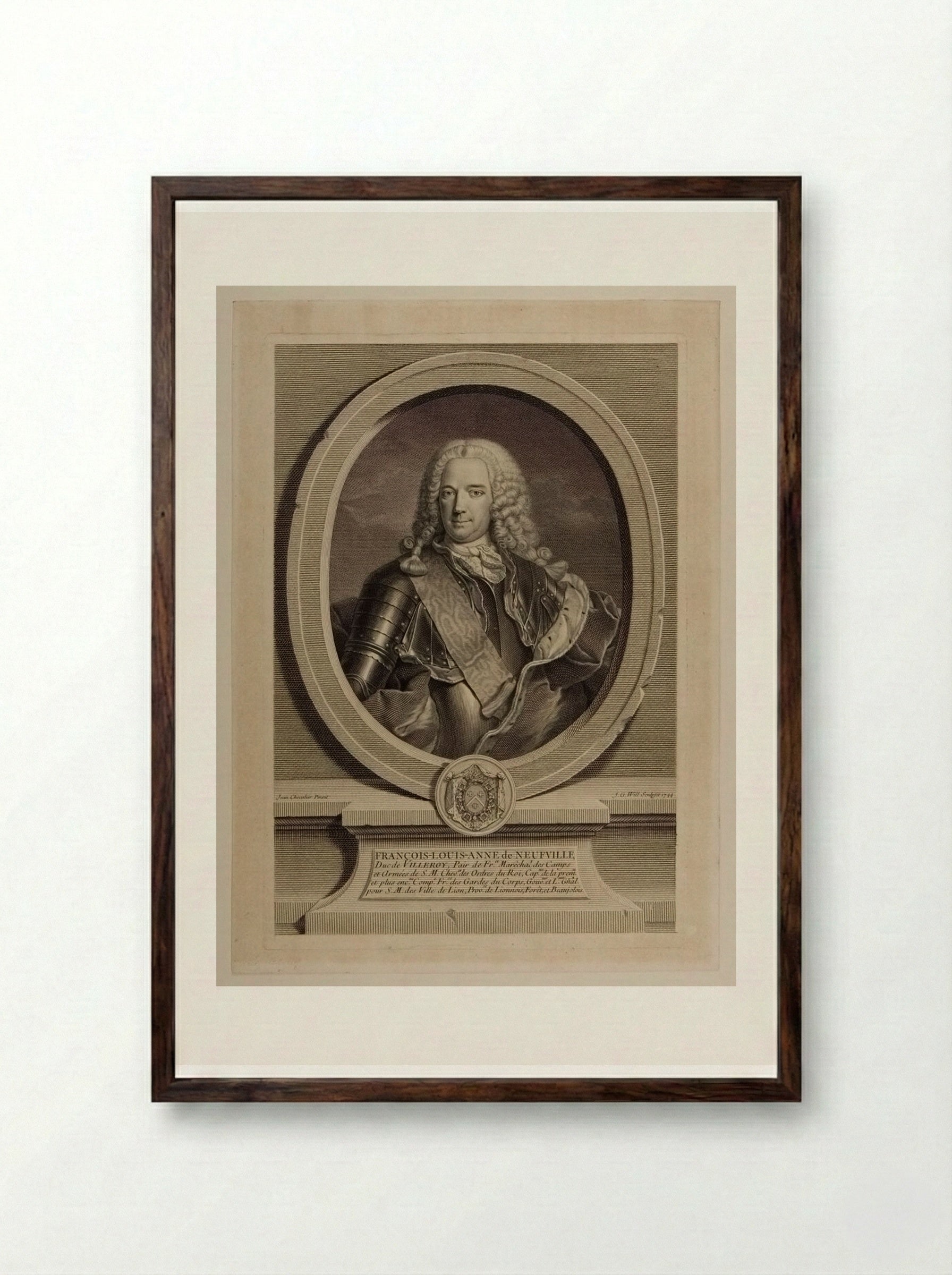 François Louis Anne de Neufville, Duke of Villeroi - Johann Georg Wille - Framed Print Dark Wood
