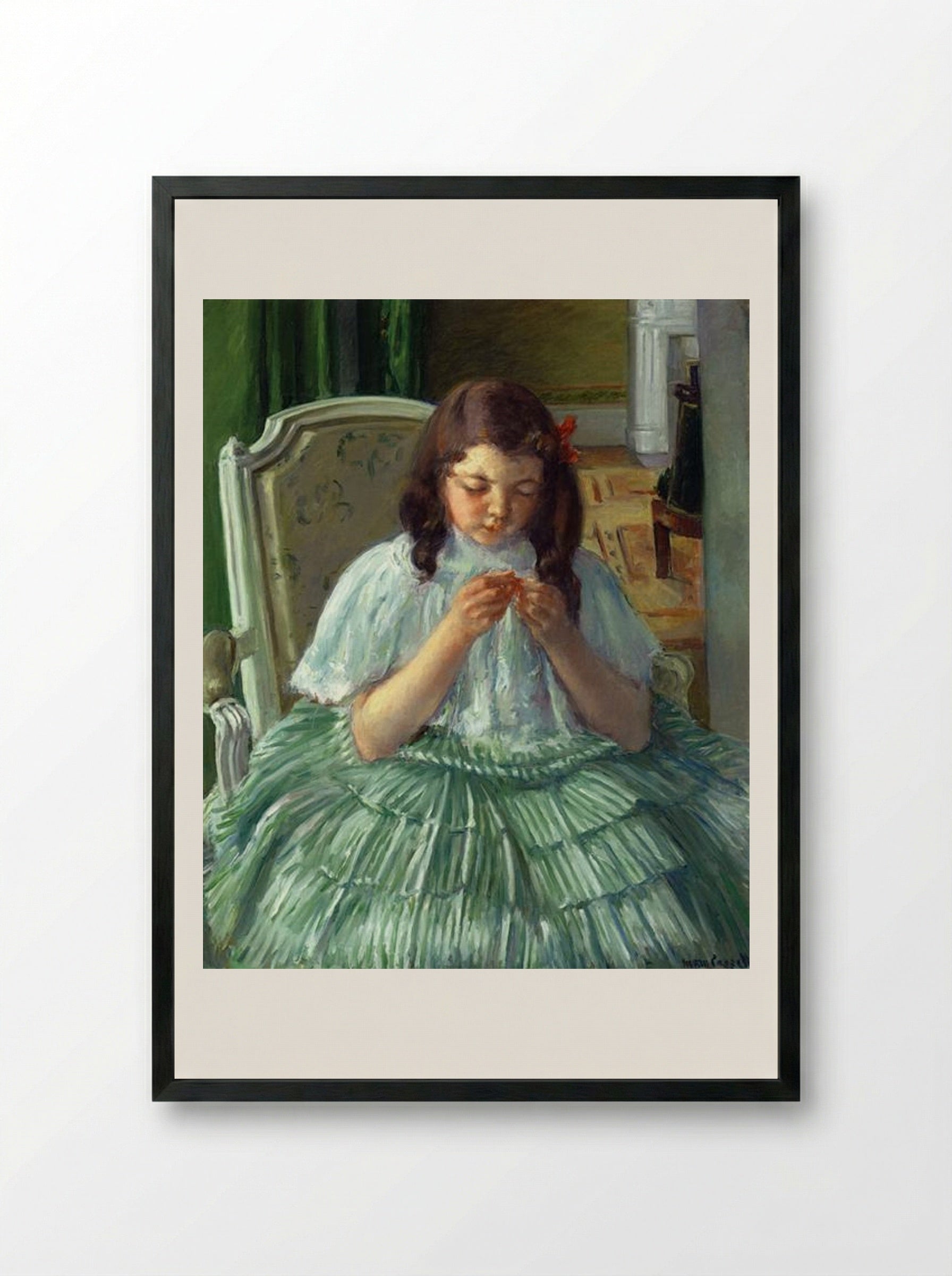 Françoise in Green, Sewing - Mary Cassatt - Framed Print Black