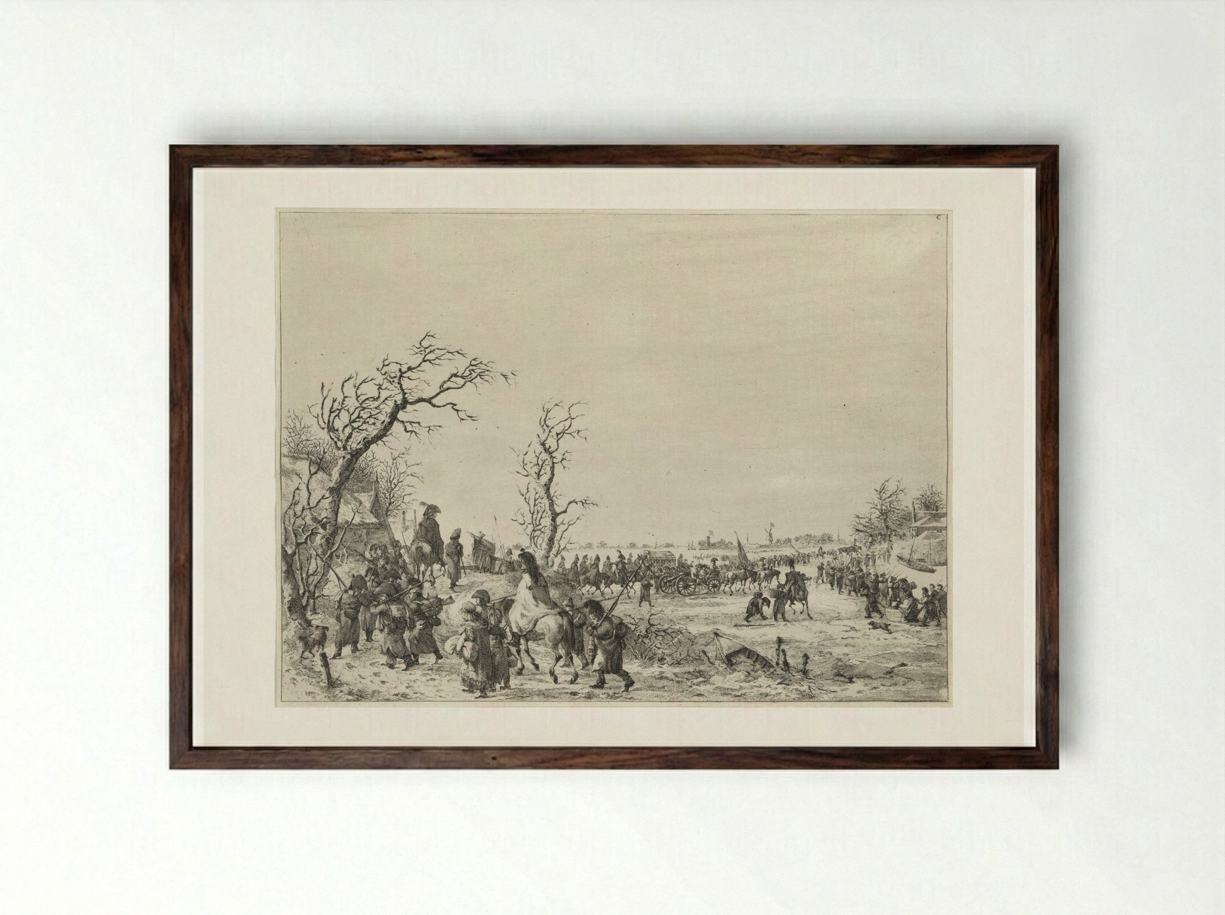 Fransen steken de bevroren Waal over - Joannes Bemme - Framed Print Dark Wood