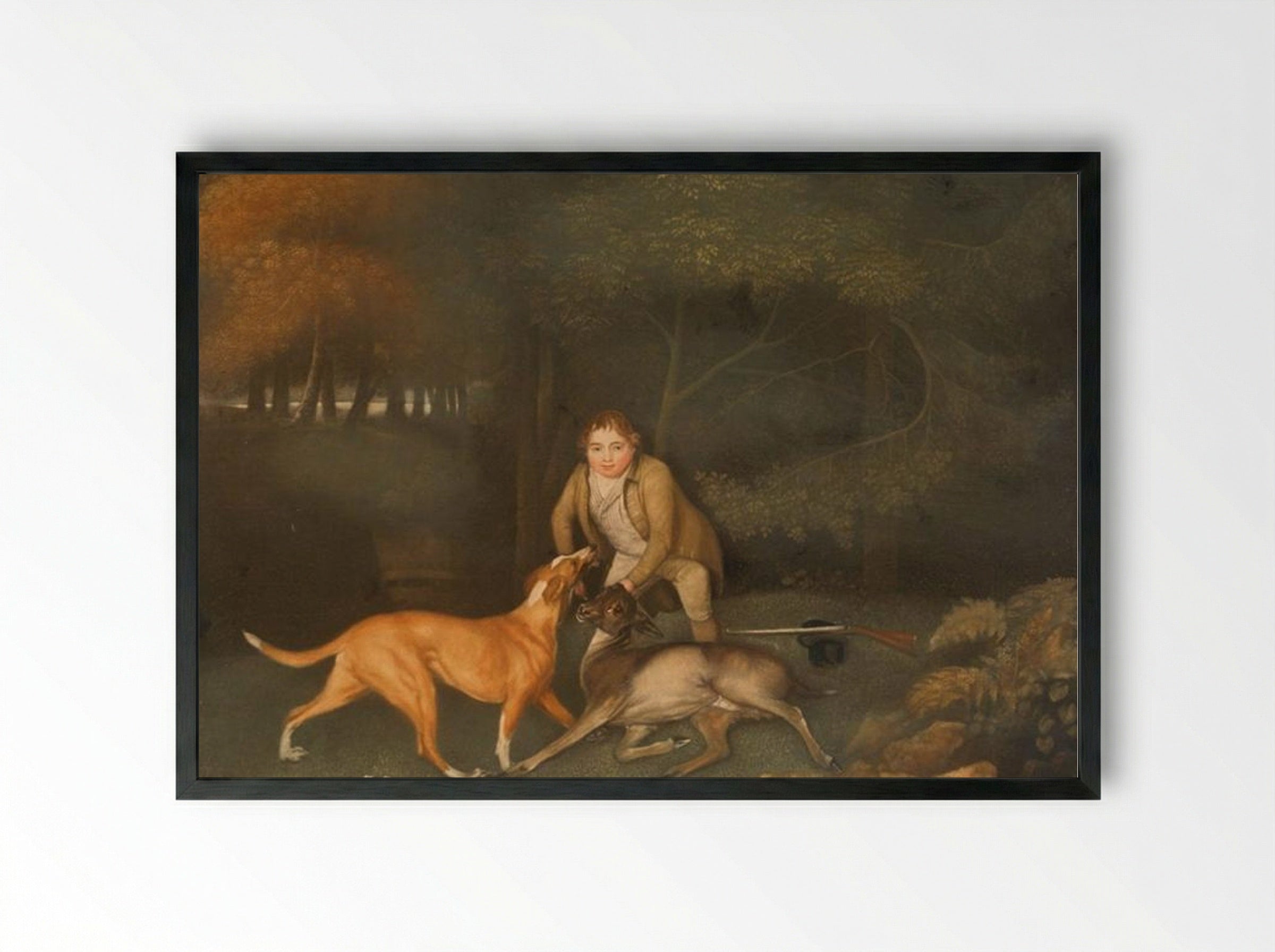 Freeman, the Earl of Clarendon's Gamekeeper, With a Dying Doe and Hound - George Stubbs - Framed Print Black