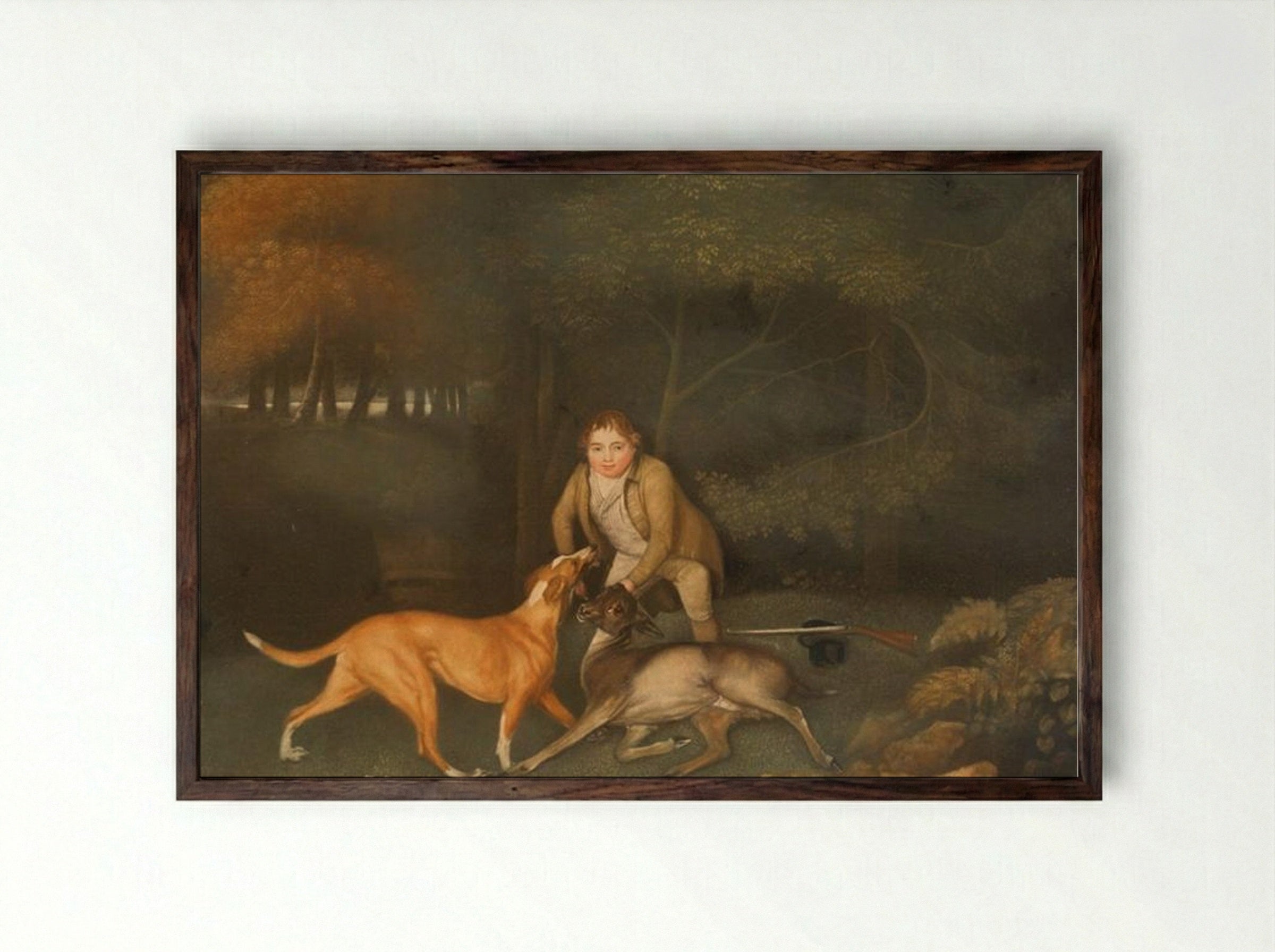 Freeman, the Earl of Clarendon's Gamekeeper, With a Dying Doe and Hound - George Stubbs - Framed Print Dark Wood