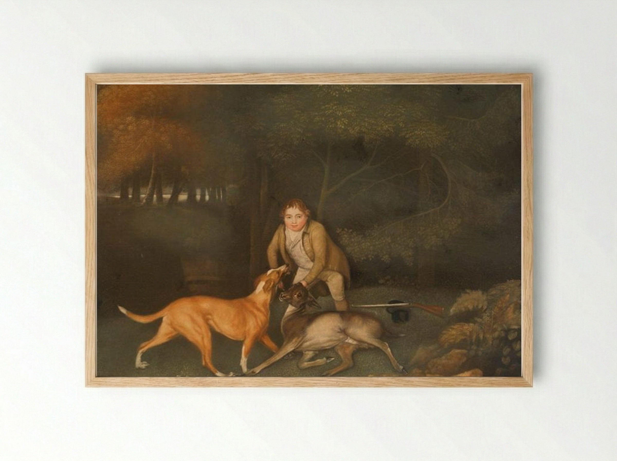 Freeman, the Earl of Clarendon's Gamekeeper, With a Dying Doe and Hound - George Stubbs - Framed Print Wood