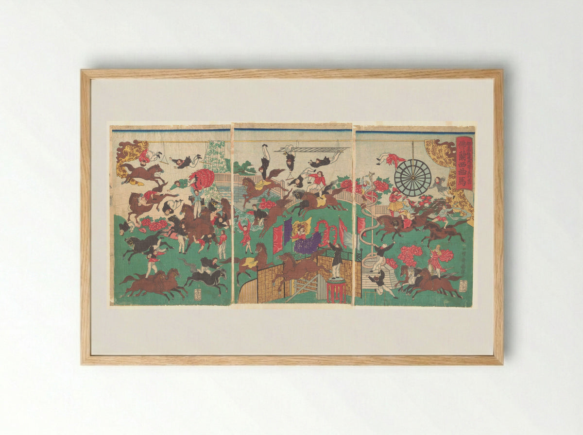 French Equestrian Circus on the grounds of Asakusa Kannon temple - Utagawa Kuniteru - Framed Print Wood