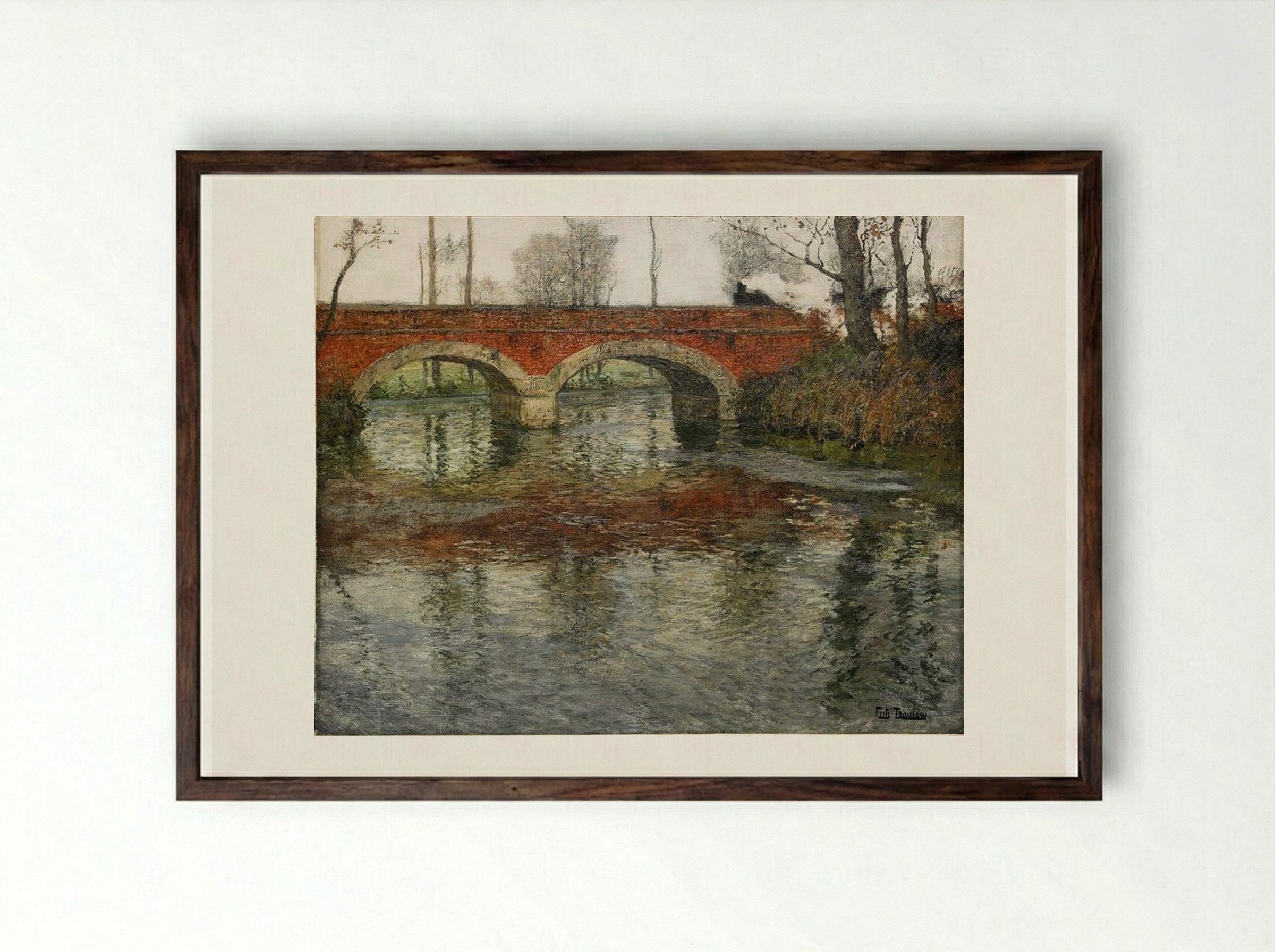 French River Landscape with a Stone Bridge - Frits Thaulow - Framed Print Dark Wood