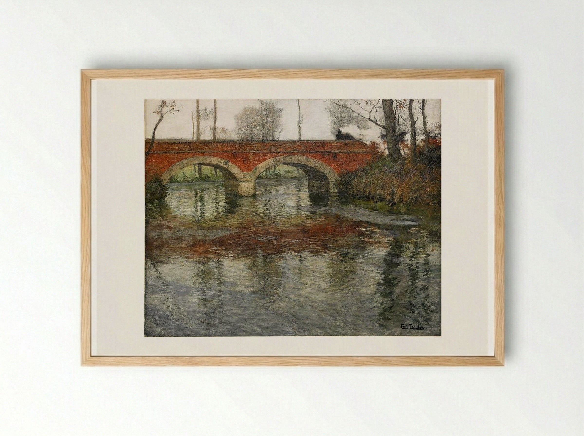 French River Landscape with a Stone Bridge - Frits Thaulow - Framed Print Wood