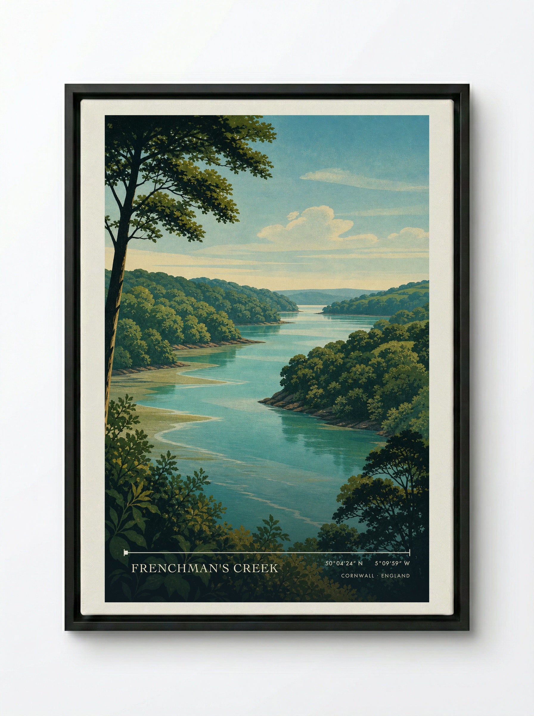 Frenchman's Creek Cornwall England Travel Poster - Framed Canvas Black