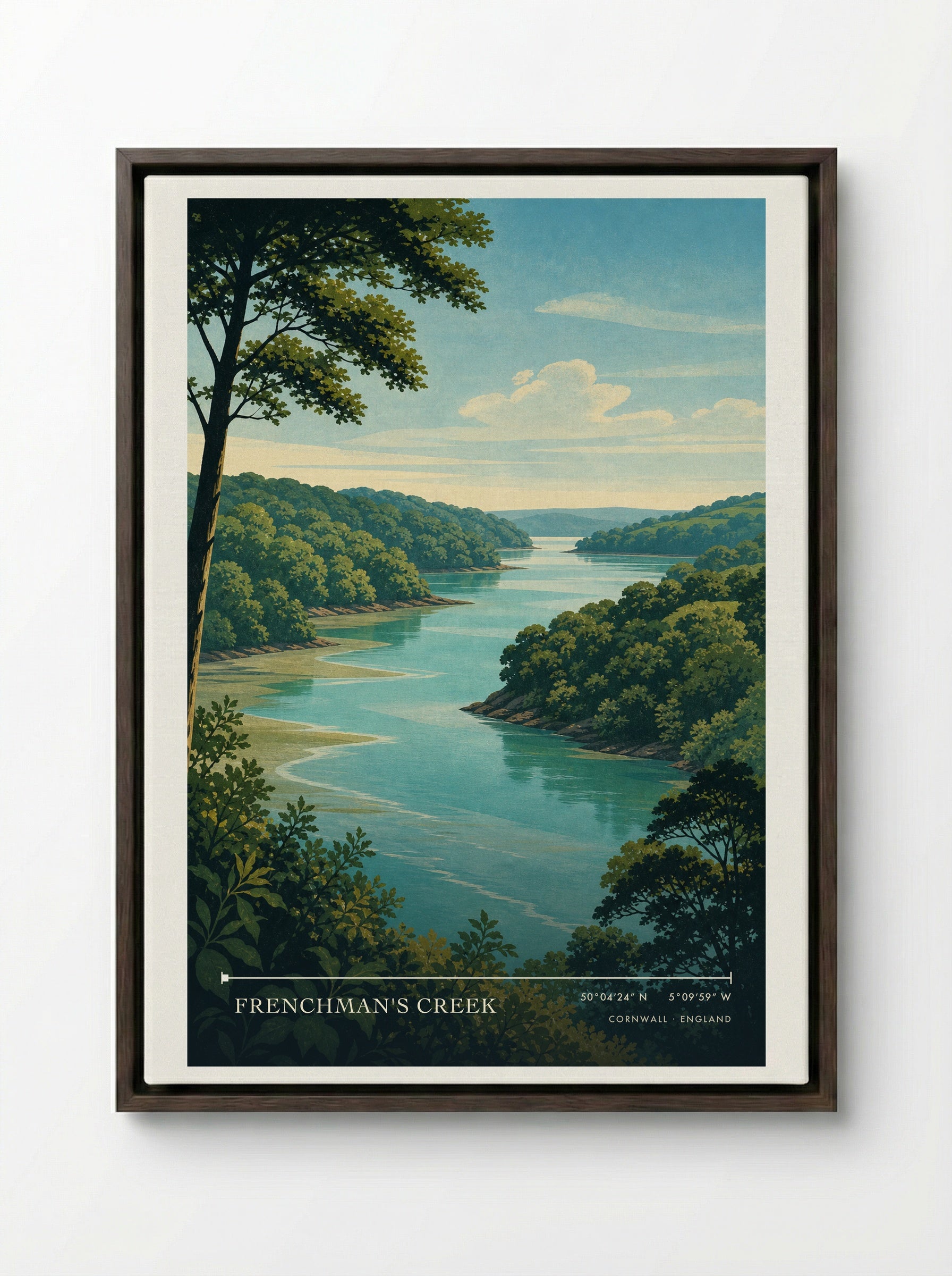 Frenchman's Creek Cornwall England Travel Poster - Framed Canvas Dark Wood