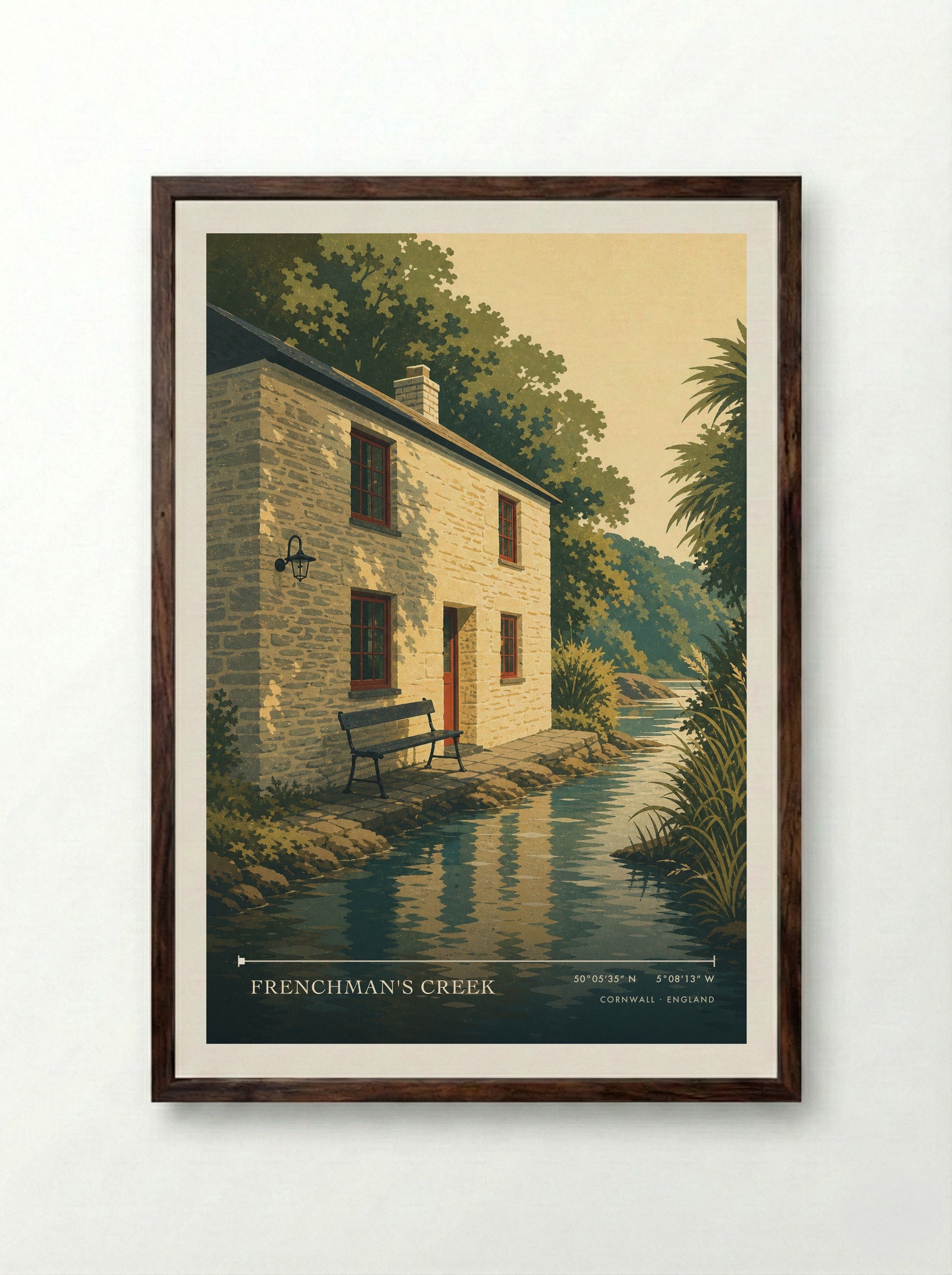 Frenchman's Creek Cornwall England Travel Poster - Framed Print Dark Wood