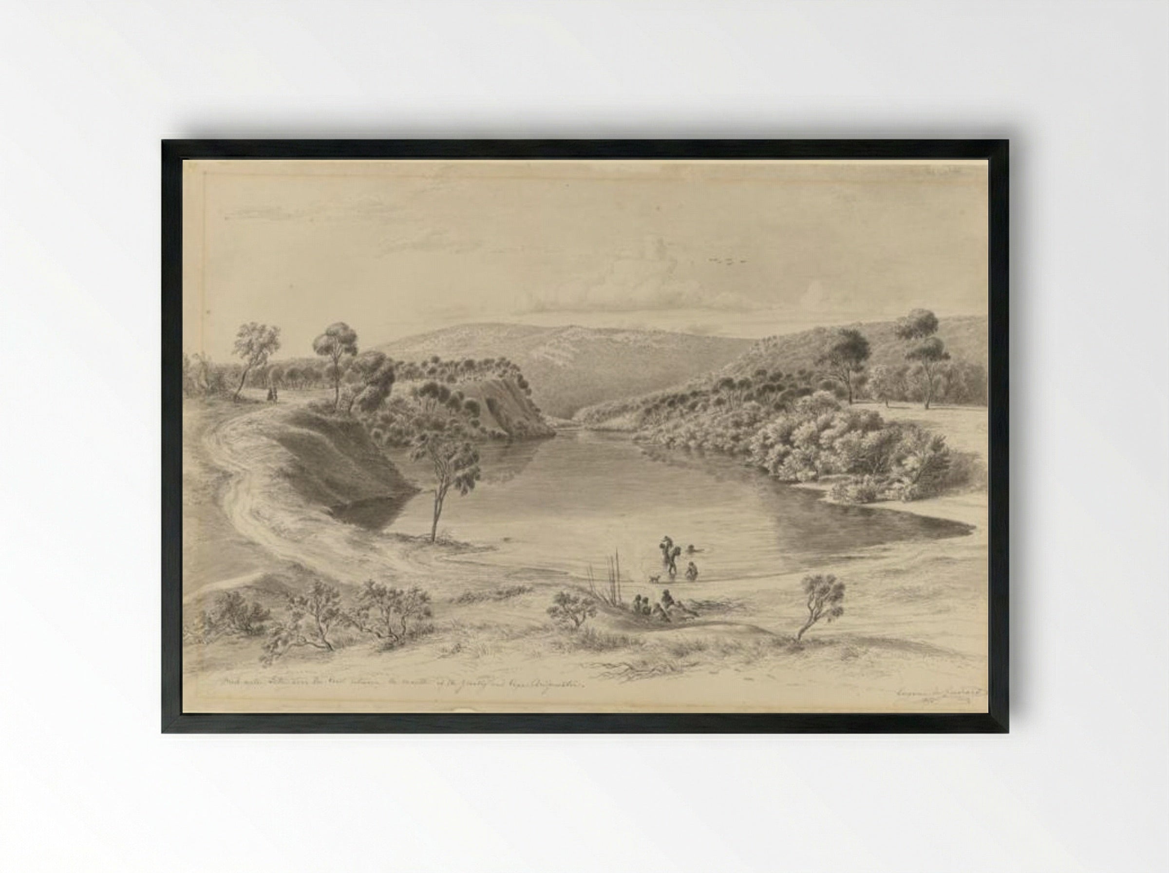 Fresh water lake near the coast between the mouth of the Glenelg and Cape Bridgewater - Eugene von Guerard - Framed Print Black