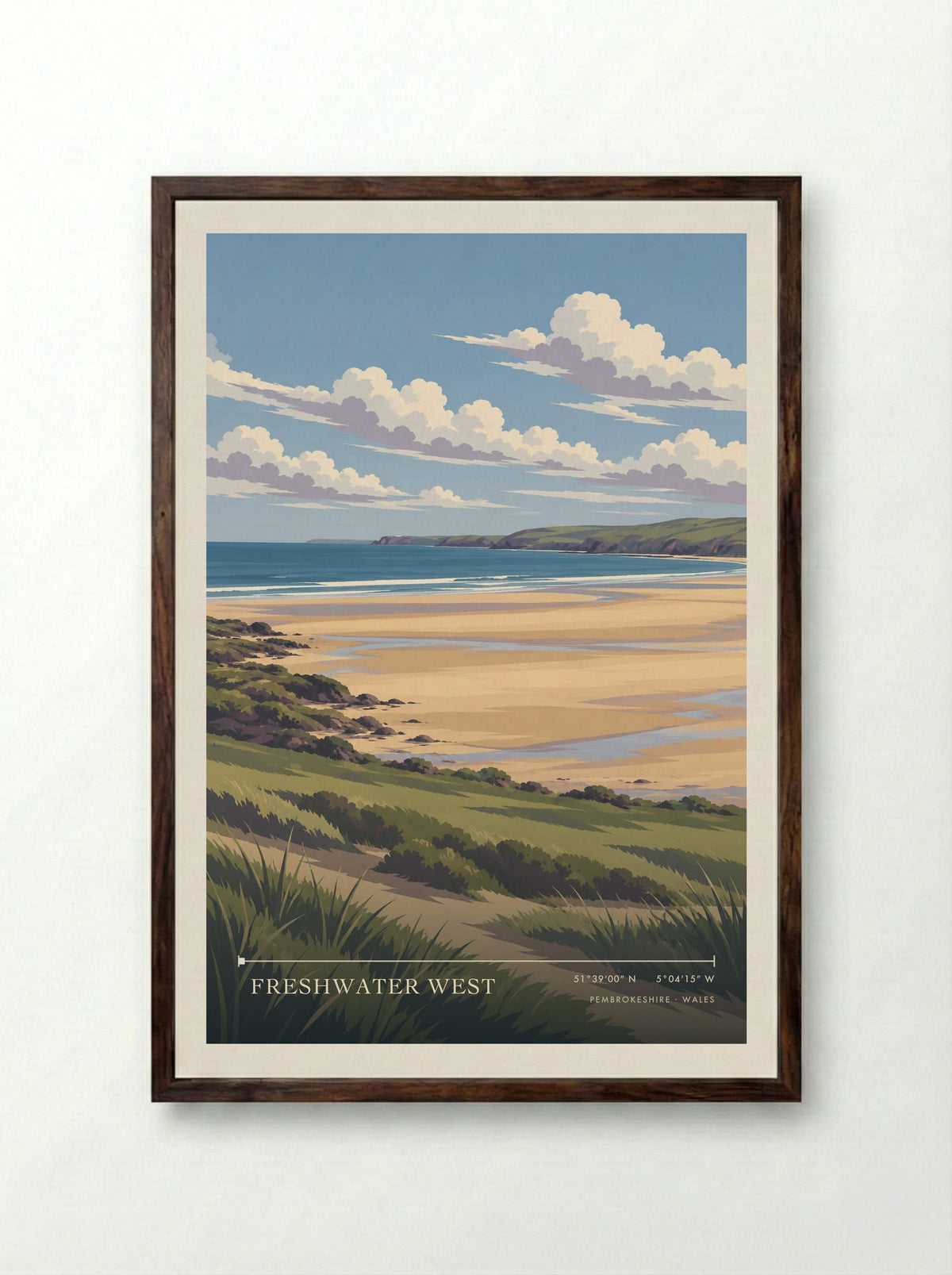 Freshwater West, Pembrokeshire | Travel Poster - Framed Print Dark Wood