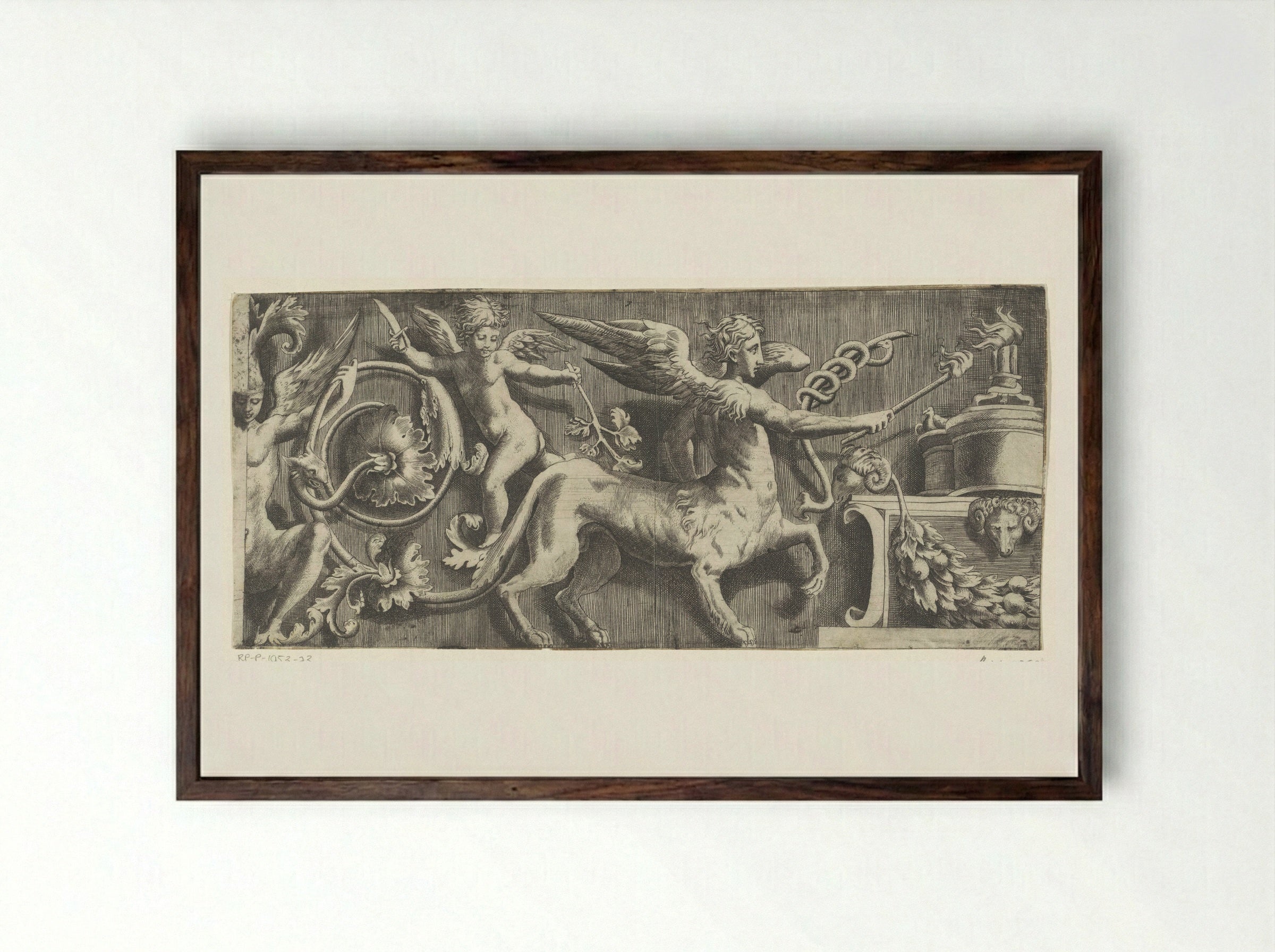 Frieze with Sphinx and Putto at an Altar - Giulio Bonasone - Framed Print Dark Wood