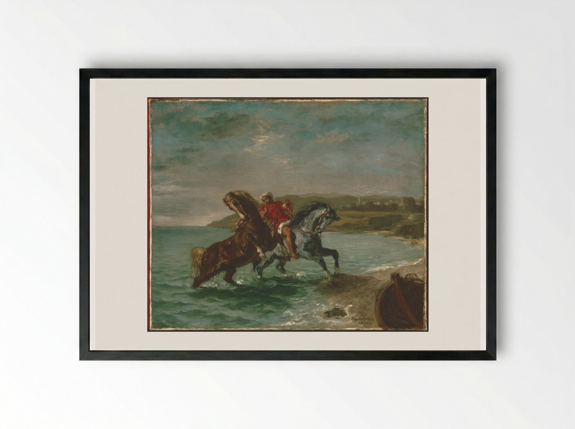 Frightened Horse Coming Out of the Water - Ferdinand-Victor-Eugène Delacroix - Framed Print Black