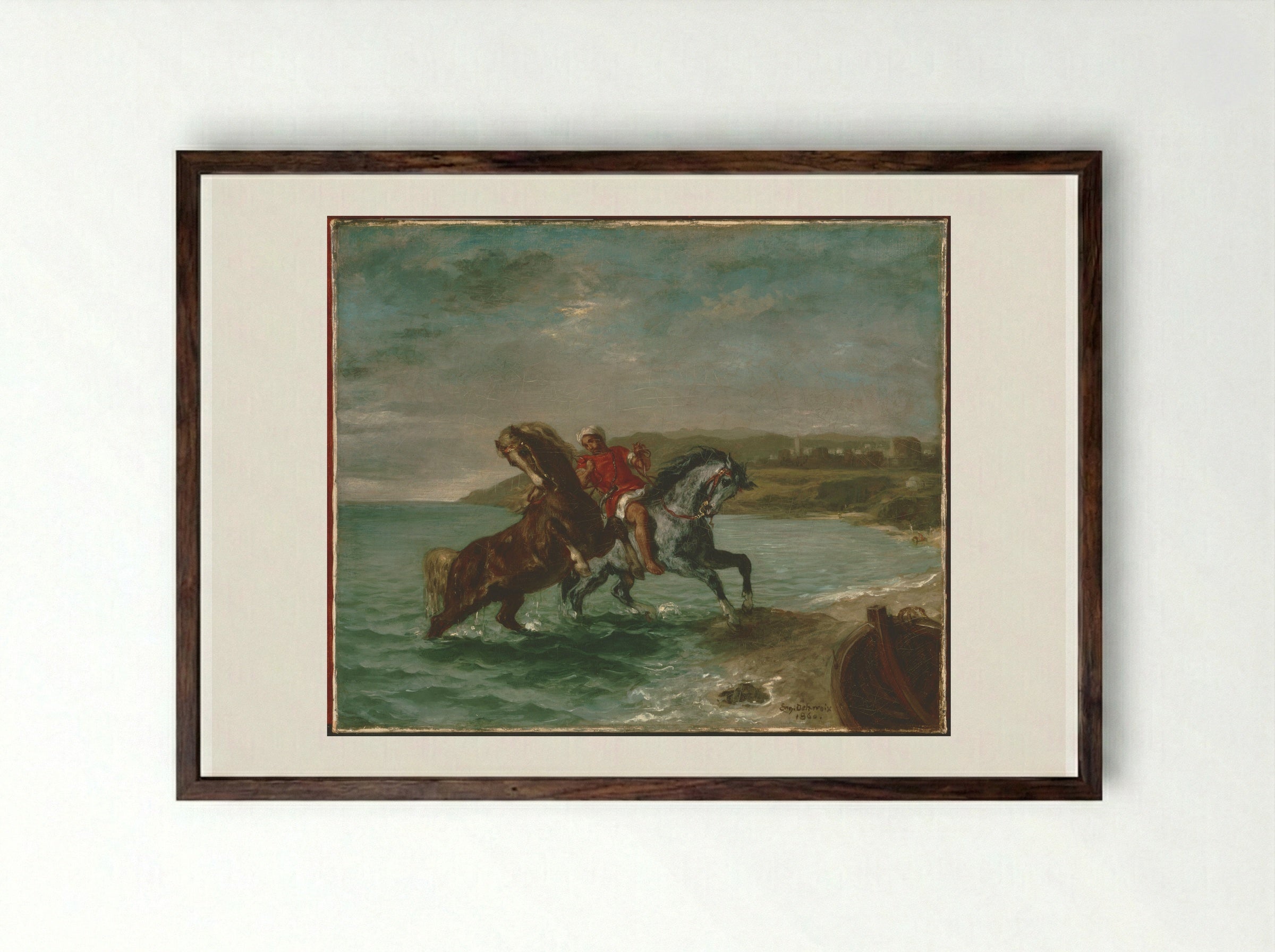 Frightened Horse Coming Out of the Water - Ferdinand-Victor-Eugène Delacroix - Framed Print Dark Wood