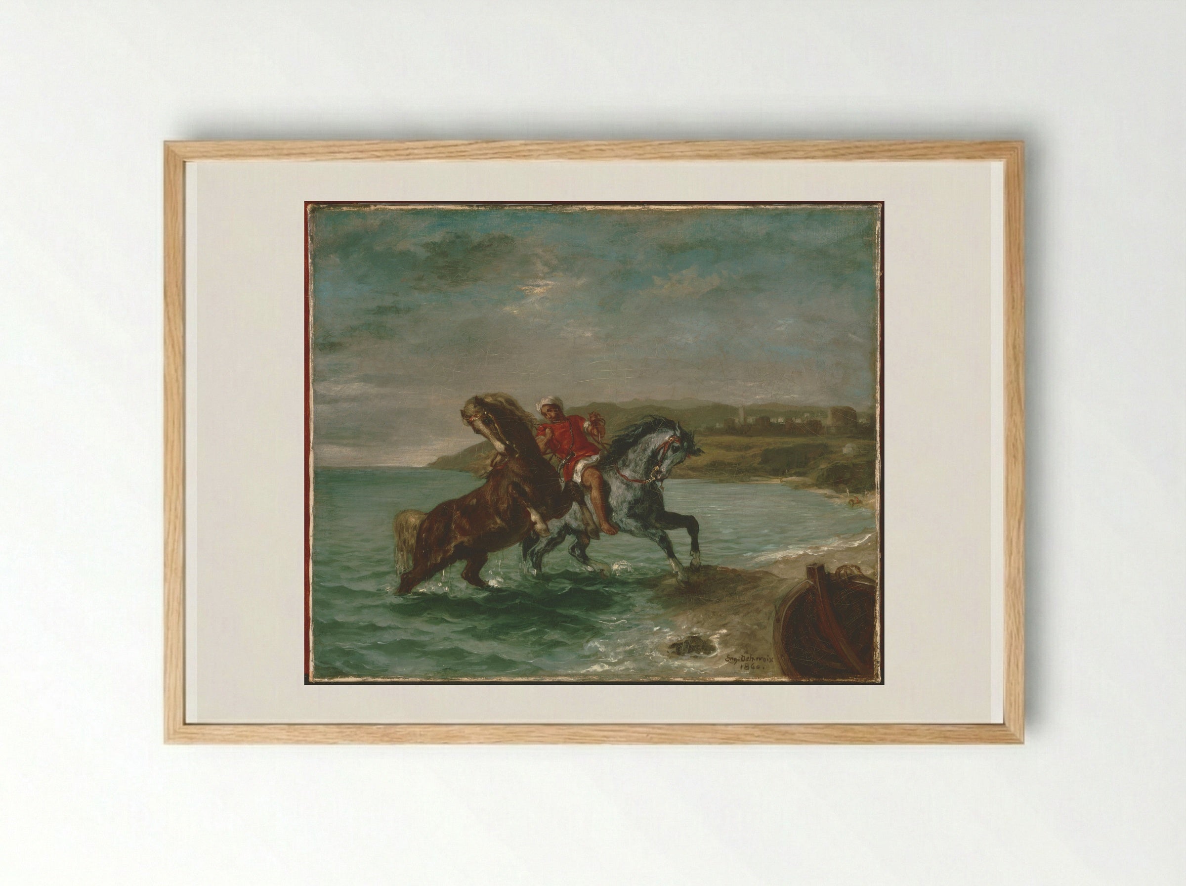 Frightened Horse Coming Out of the Water - Ferdinand-Victor-Eugène Delacroix - Framed Print Wood