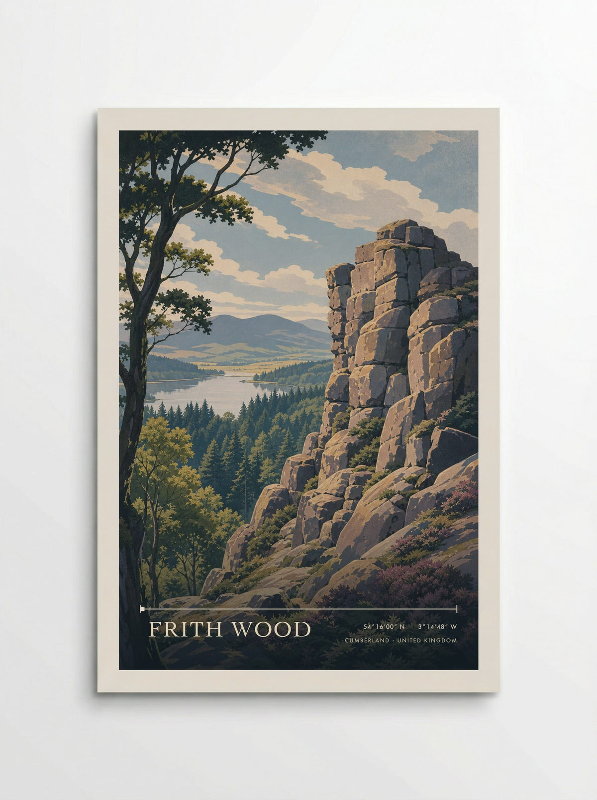 Frith Wood, Cumberland travel poster: a sunlit rocky outcrop, woodland-fringed lake and distant Cumberland hills beneath broad clouds