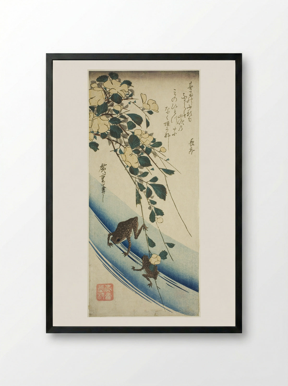 Frogs and Yellow Rose - Utagawa Hiroshige - Framed Print Black