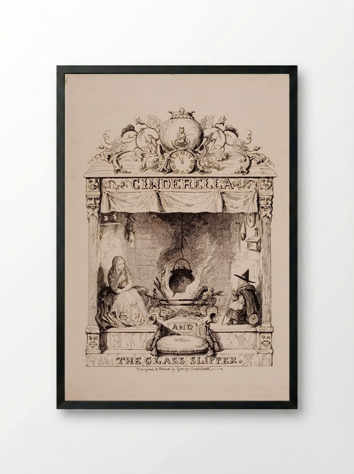 Frontispiece for Cinderella and the Glass Slipper - George Cruikshank - Framed Print Black