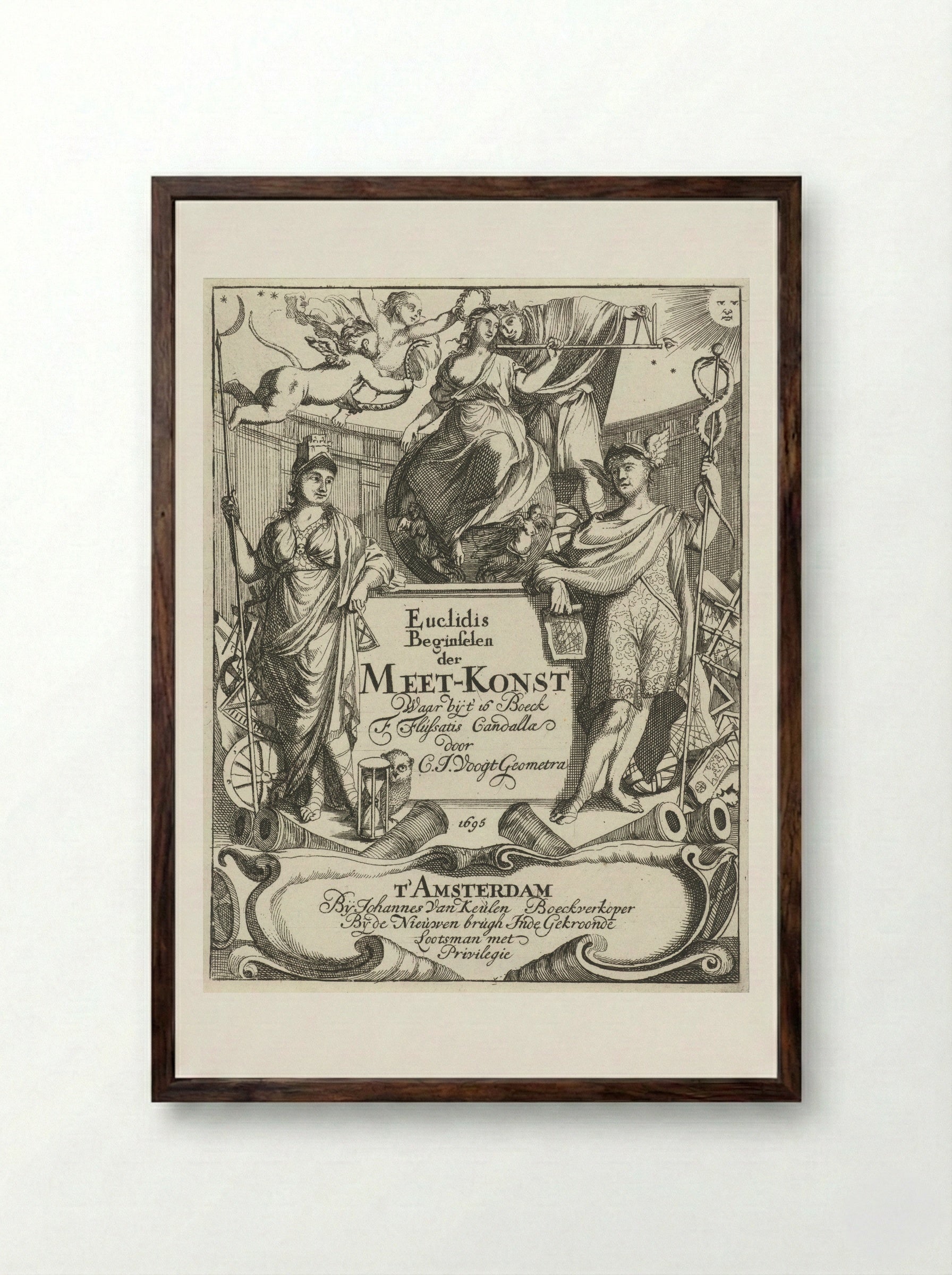 Frontispiece for Euclidis Beginselen der Meet-Konst - Caspar Luyken - Framed Print Dark Wood