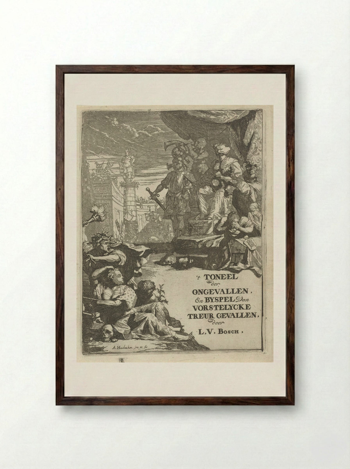 Frontispiece for 't Toneel der Ongevallen - Arnold Houbraken - Framed Print Dark Wood