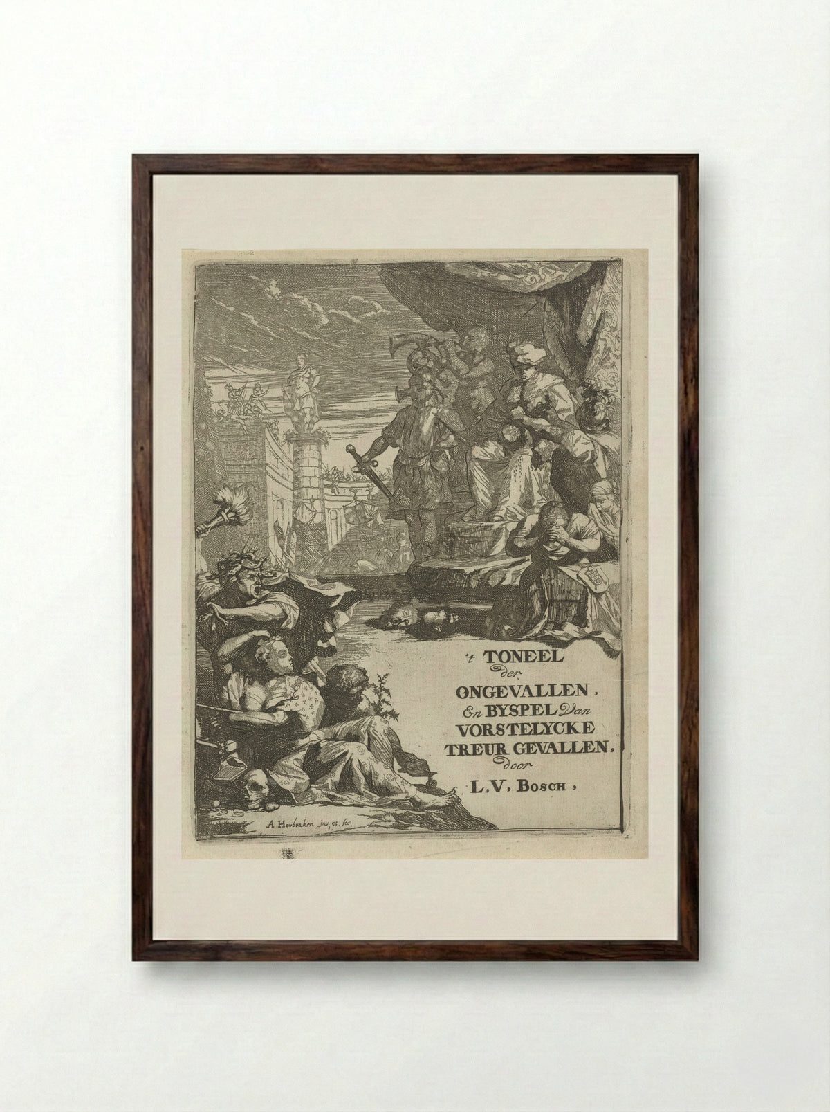 Frontispiece for 't Toneel der Ongevallen - Arnold Houbraken - Framed Print Dark Wood