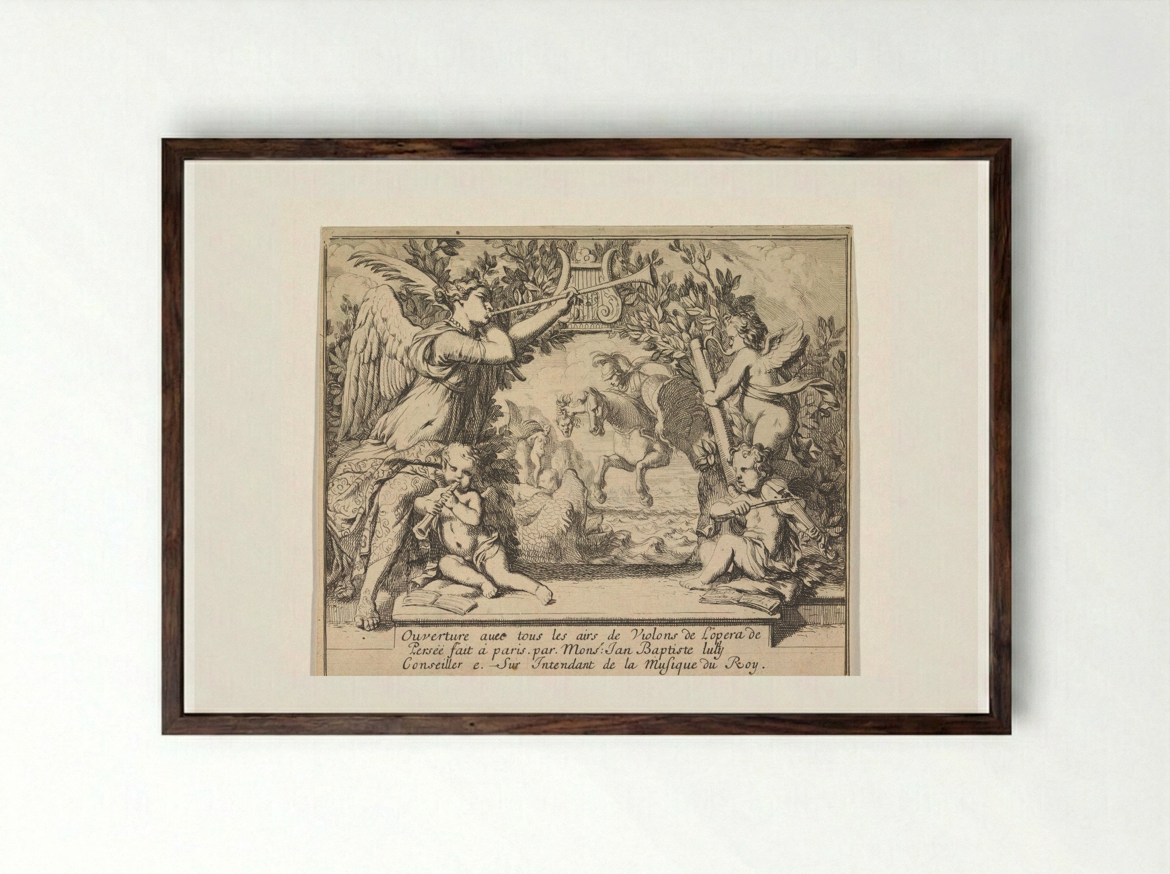 Frontispiece for the Overture to Lully's Persée - Gerard de Lairesse - Framed Print Dark Wood