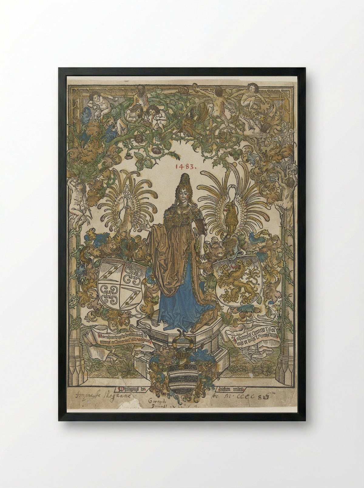 Frontispiece with Woman on a Pedestal and Coats of Arms - Erhard Reuwich - Framed Print Black