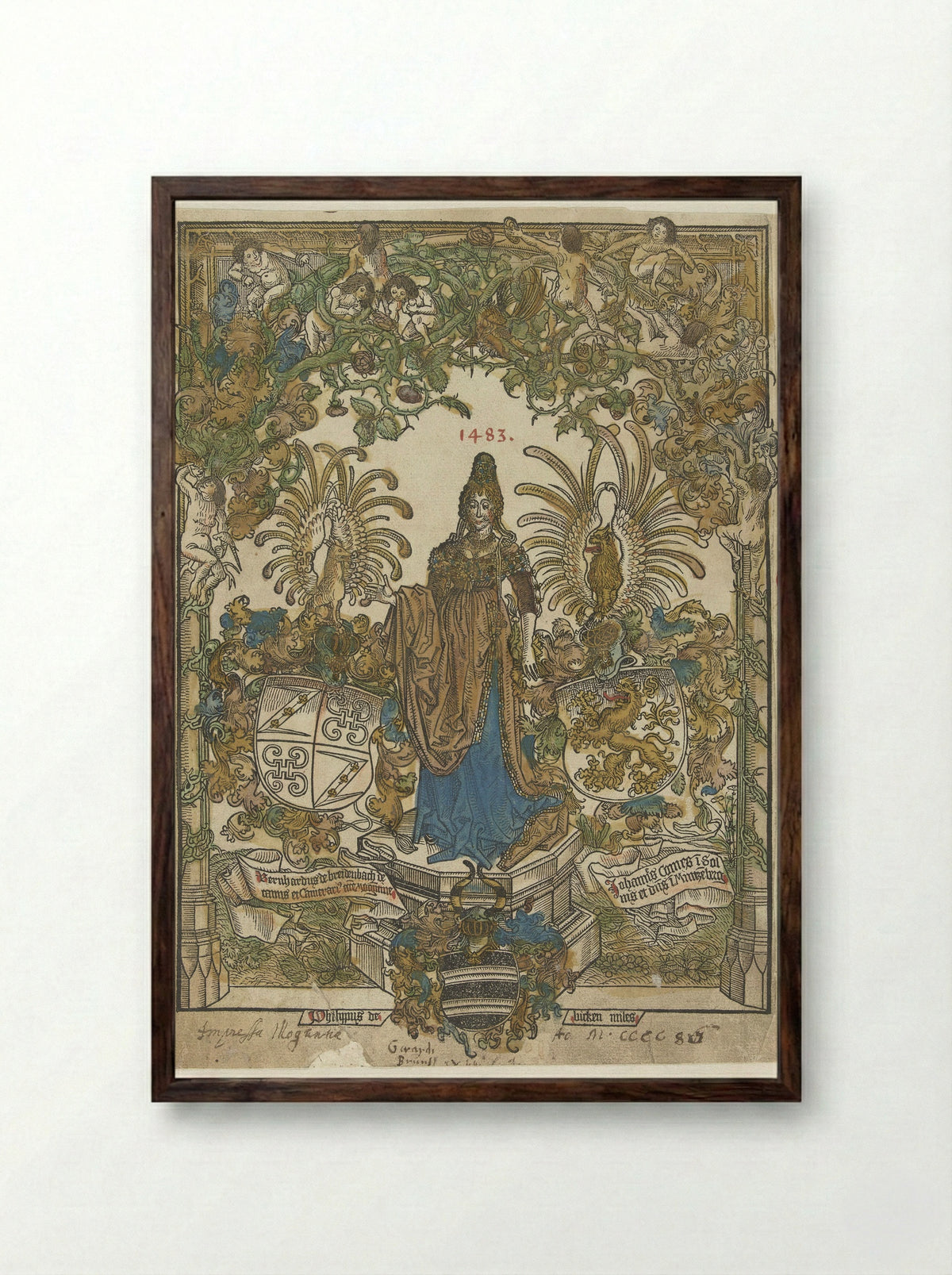 Frontispiece with Woman on a Pedestal and Coats of Arms - Erhard Reuwich - Framed Print Dark Wood