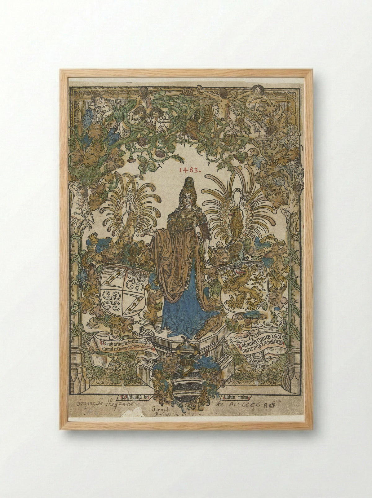 Frontispiece with Woman on a Pedestal and Coats of Arms - Erhard Reuwich - Framed Print Wood