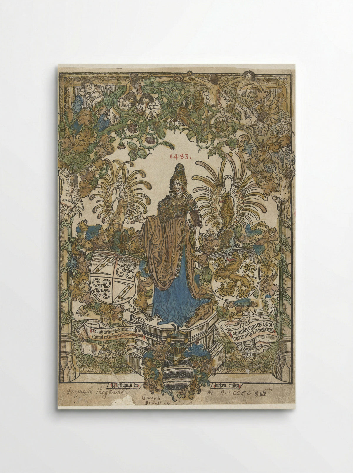 Frontispiece with Woman on a Pedestal and Coats of Arms - Erhard Reuwich - Poster