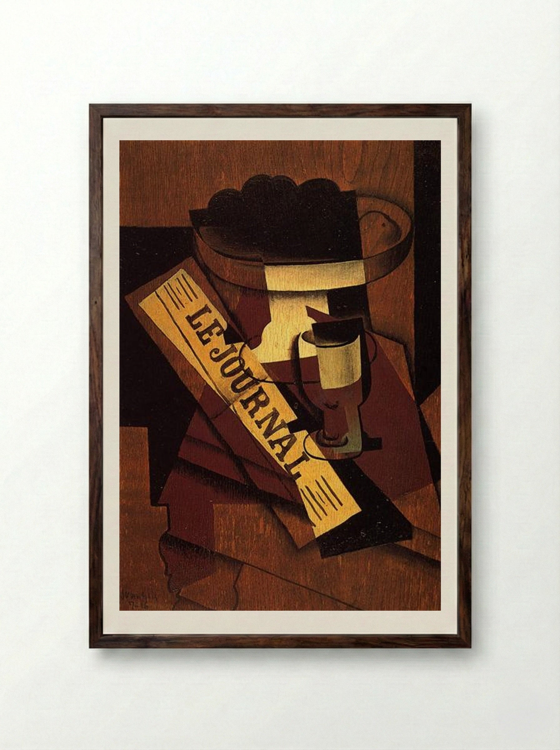 Fruit Dish, Glass and Newspaper - Juan Gris - Framed Print Dark Wood