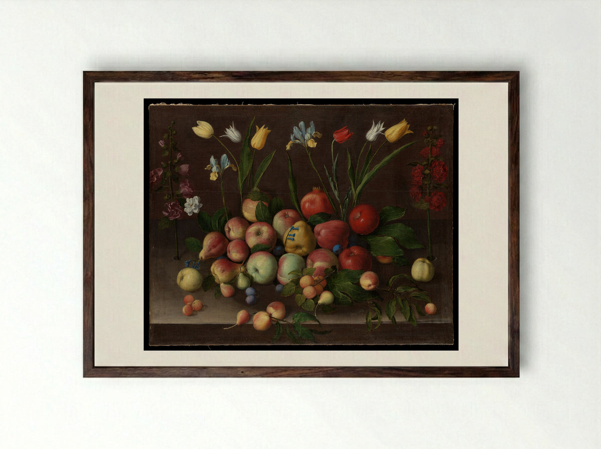 Fruit and Flowers - Orsola Maddalena Caccia - Framed Print Dark Wood