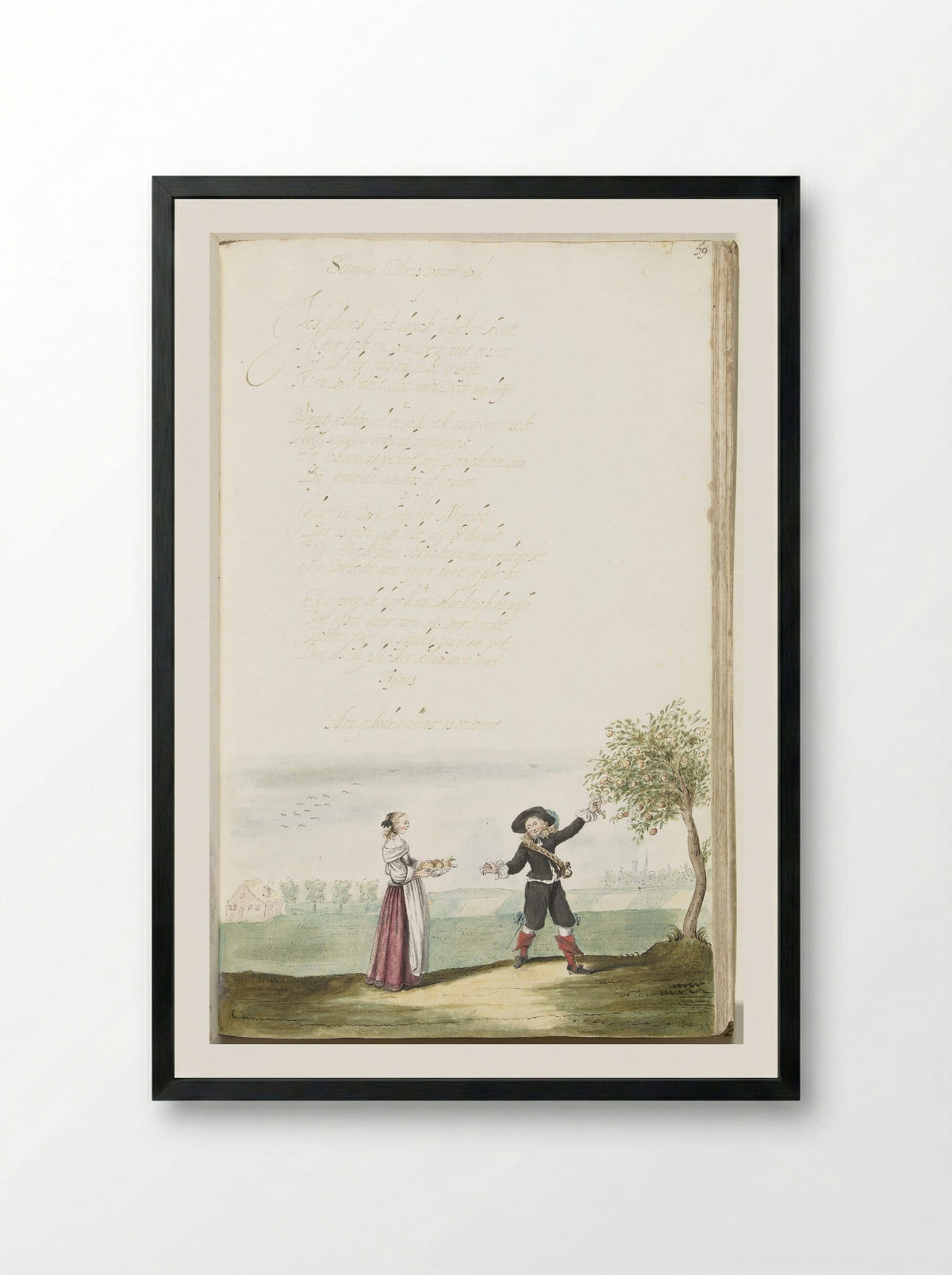 Fruit plukkende soldaat en een jongedame - Gesina ter Borch - Framed Print Black