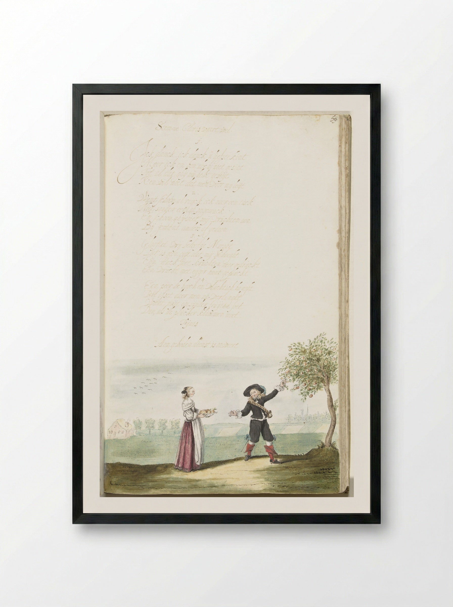 Fruit plukkende soldaat en een jongedame - Gesina ter Borch - Framed Print Black