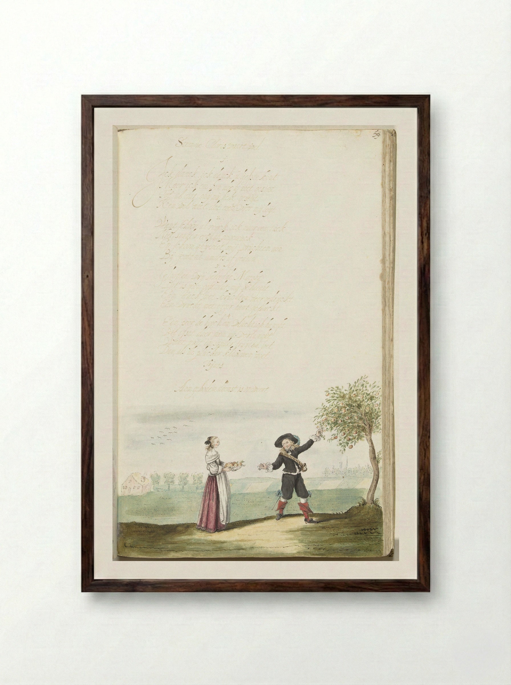 Fruit plukkende soldaat en een jongedame - Gesina ter Borch - Framed Print Dark Wood