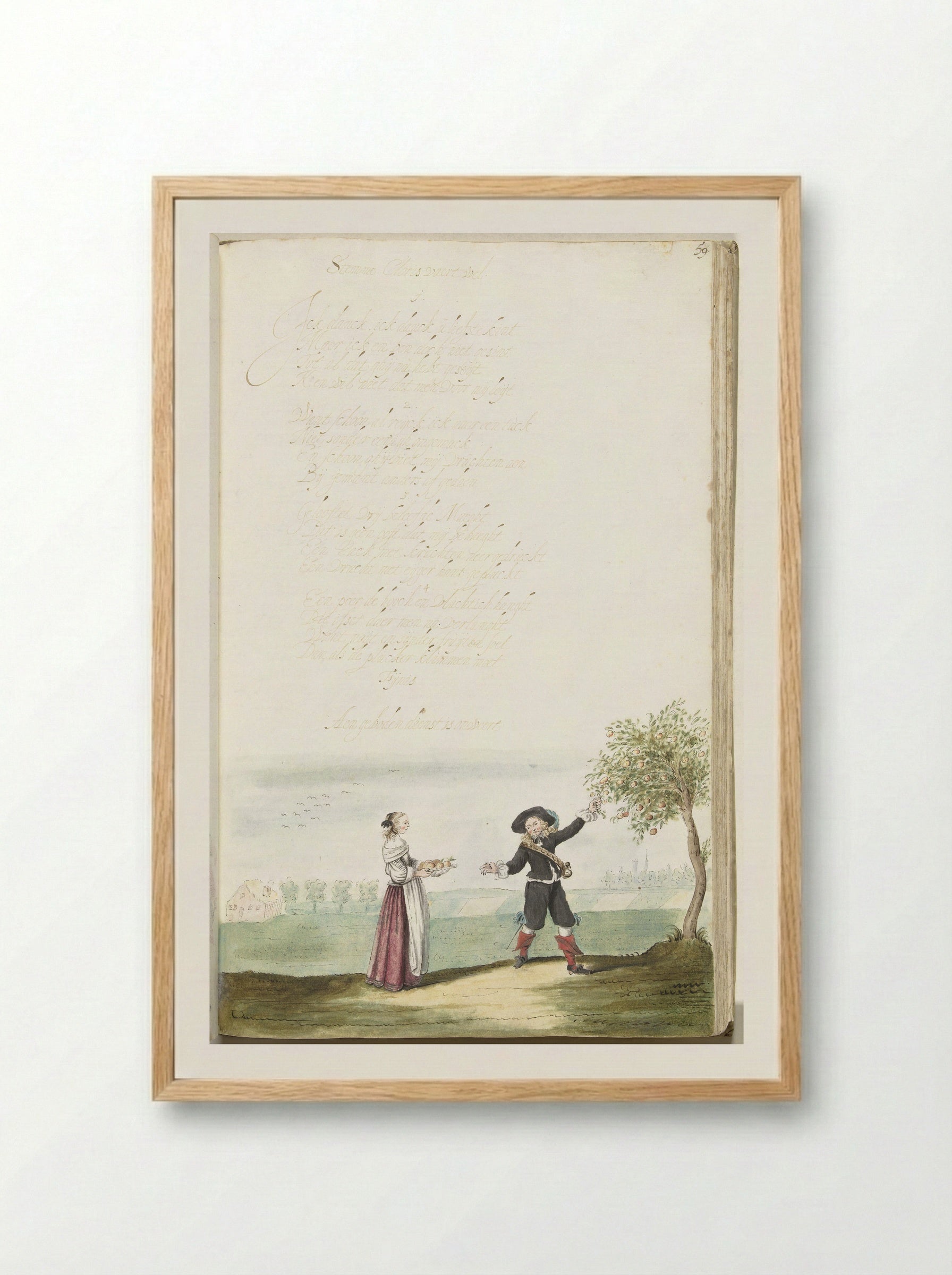 Fruit plukkende soldaat en een jongedame - Gesina ter Borch - Framed Print Wood