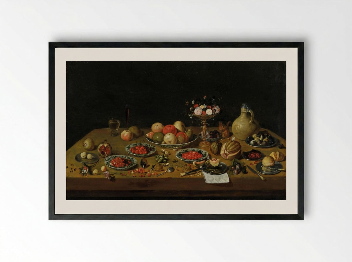 Fruit still life with flower tazza, squirrel, and jar - Jan van Kessel the Elder - Framed Print Black