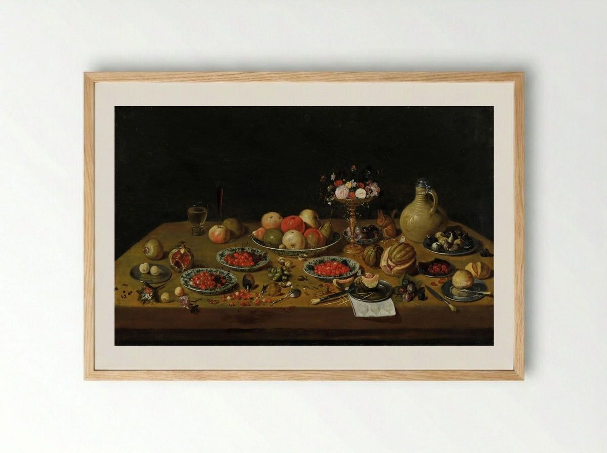 Fruit still life with flower tazza, squirrel, and jar - Jan van Kessel the Elder - Framed Print Wood