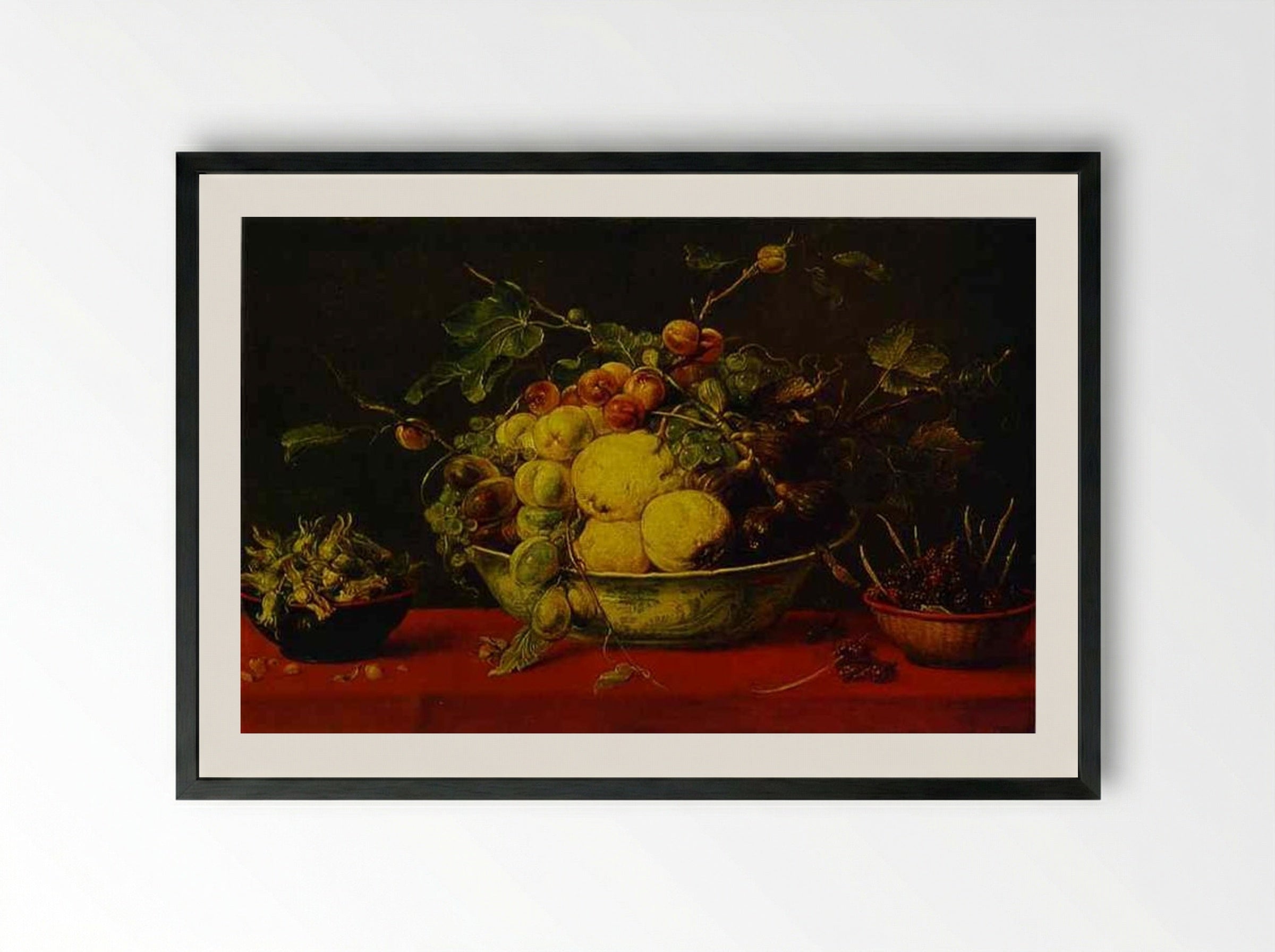 Fruits in a Bowl on a Red Tablecloth - Frans Snyders - Framed Print Black