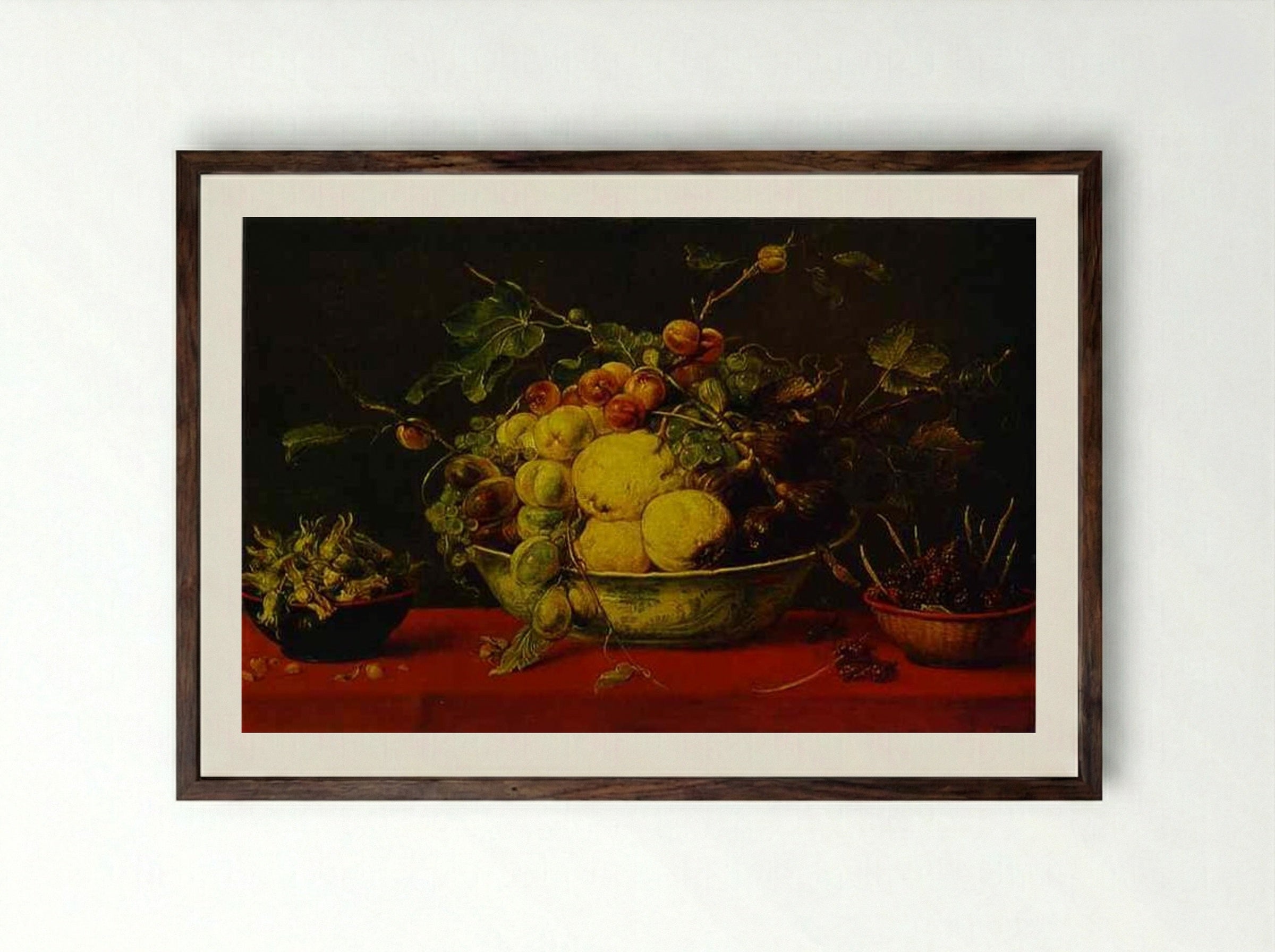 Fruits in a Bowl on a Red Tablecloth - Frans Snyders - Framed Print Dark Wood