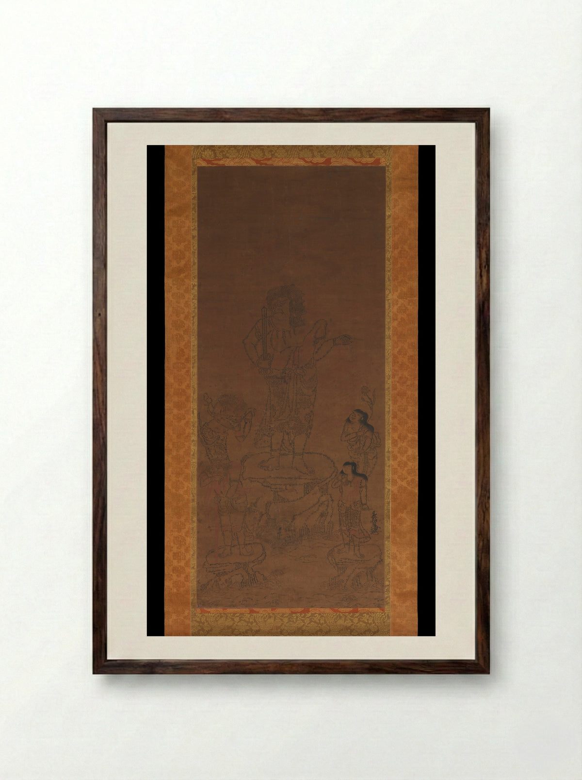 Fudō Myōō with Four Attendants, Outlined in Seed Syllables - Chikai - Framed Print Dark Wood