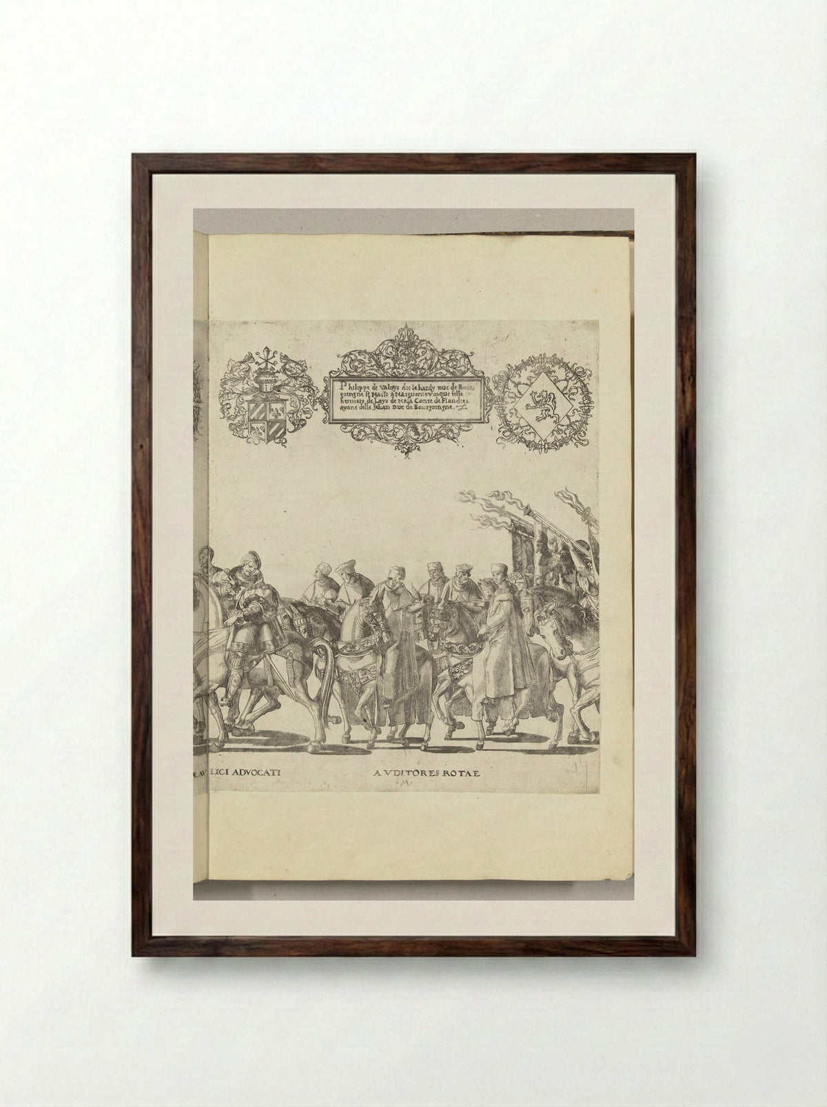 Functionarissen van het pauselijk hof te paard, plaat M - Nicolaas Hogenberg - Framed Print Dark Wood