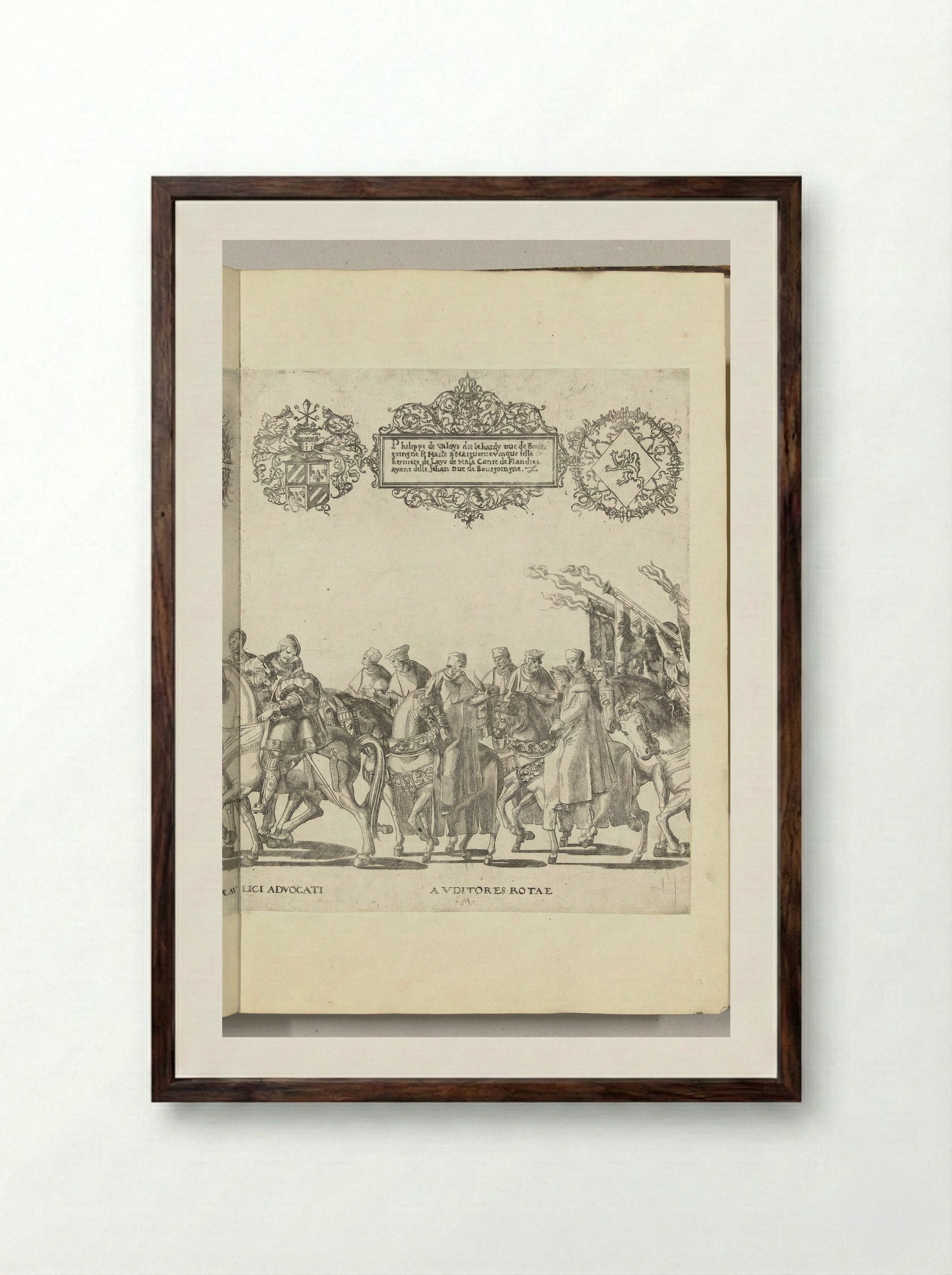 Functionarissen van het pauselijk hof te paard, plaat M - Nicolaas Hogenberg - Framed Print Dark Wood