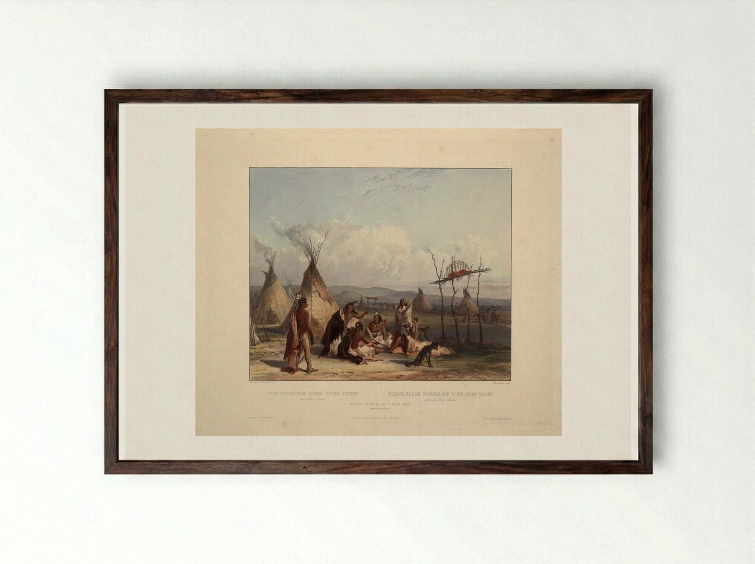 Funeral Scaffold of a Sioux Chief near Fort Pierre - Karl Bodmer - Framed Print Dark Wood