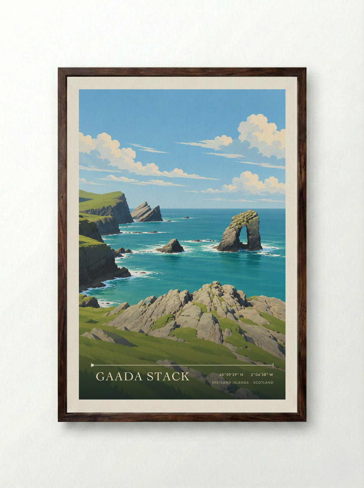 Gaada Stack, Shetland Islands | Travel Poster - Framed Print Dark Wood