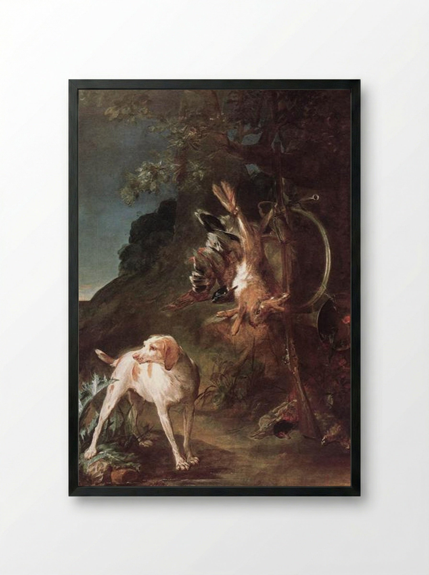 Game Still Life with Hunting Dog - Jean-Baptiste-Simeon Chardin - Framed Print Black