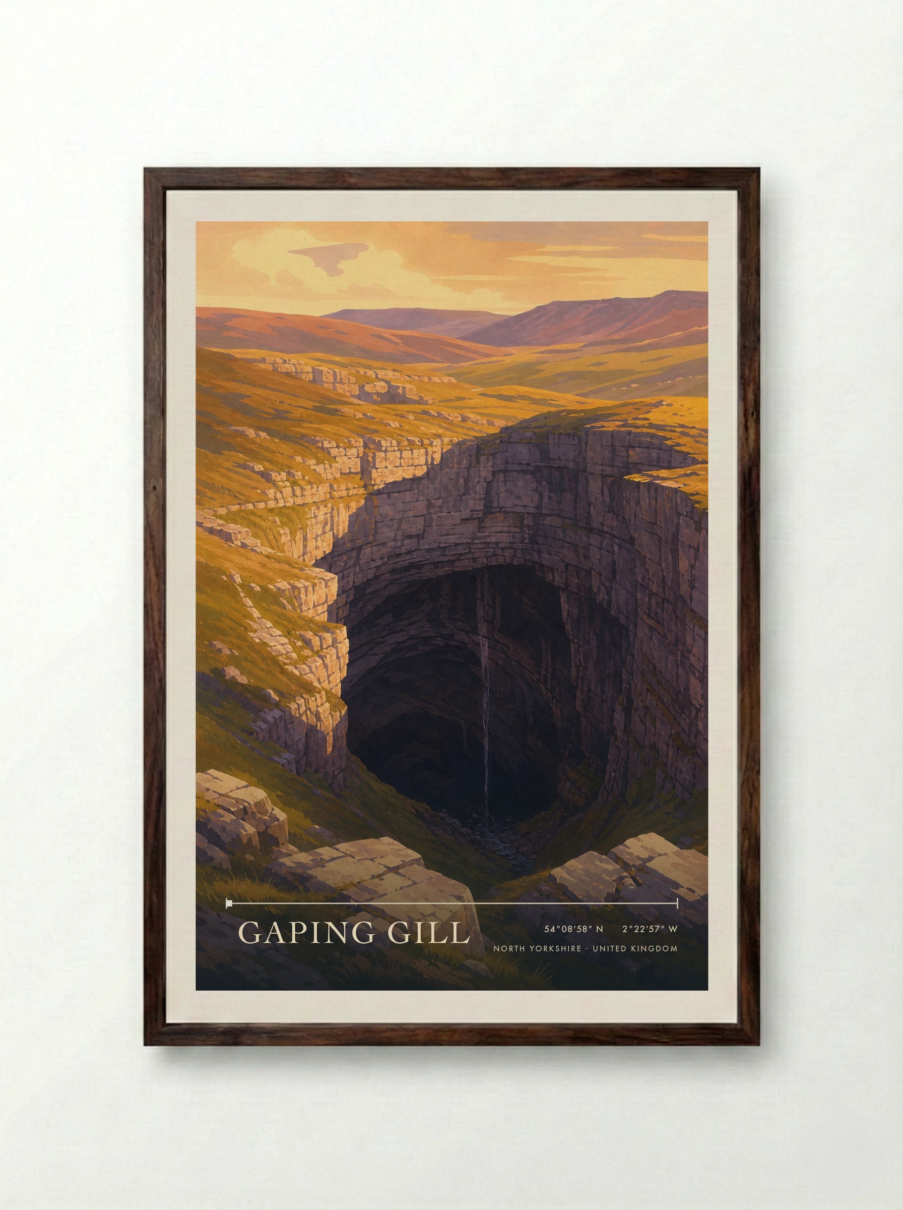 Gaping Gill North Yorkshire United Kingdom Travel Poster - Framed Print Dark Wood