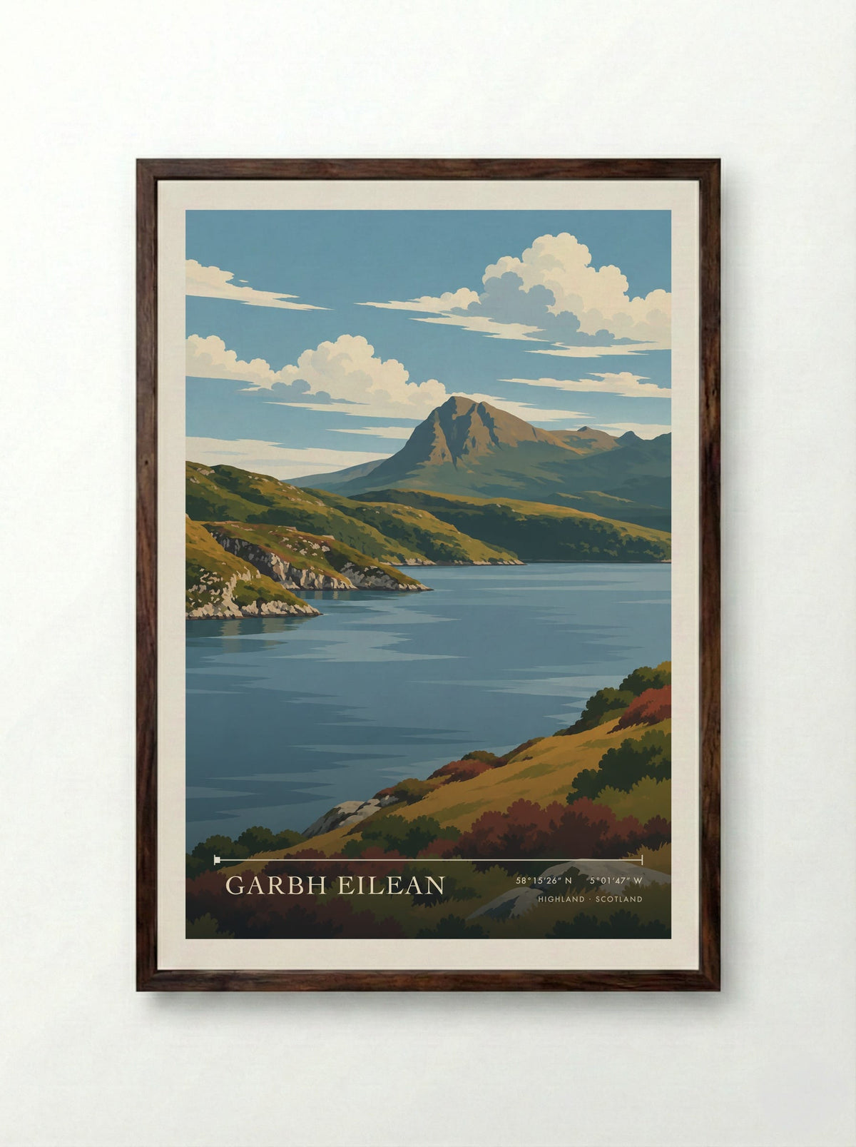 Garbh Eilean, Highland | Travel Poster - Framed Print Dark Wood